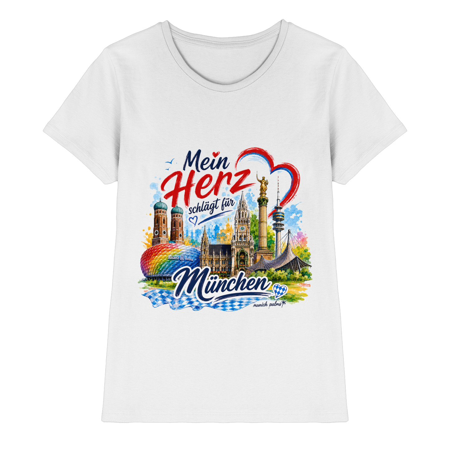 Weißes Damen-Shirt mit buntem München-Design und Wahrzeichen, hochwertiges Lady-Shirt von Munich Palms für München-Liebhaber.