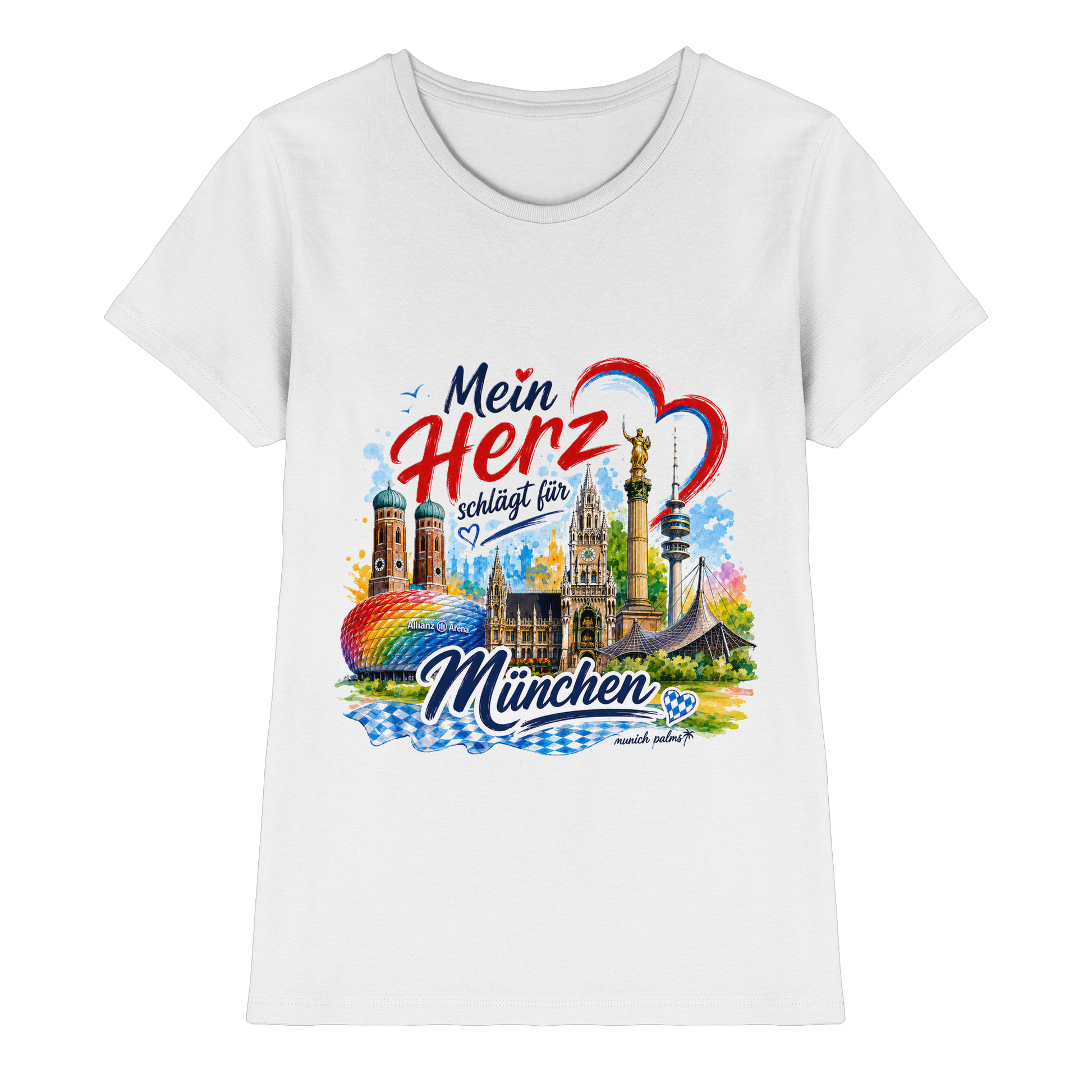 Weißes Damen-Shirt mit buntem München-Design und Wahrzeichen, hochwertiges Lady-Shirt von Munich Palms für München-Liebhaber.