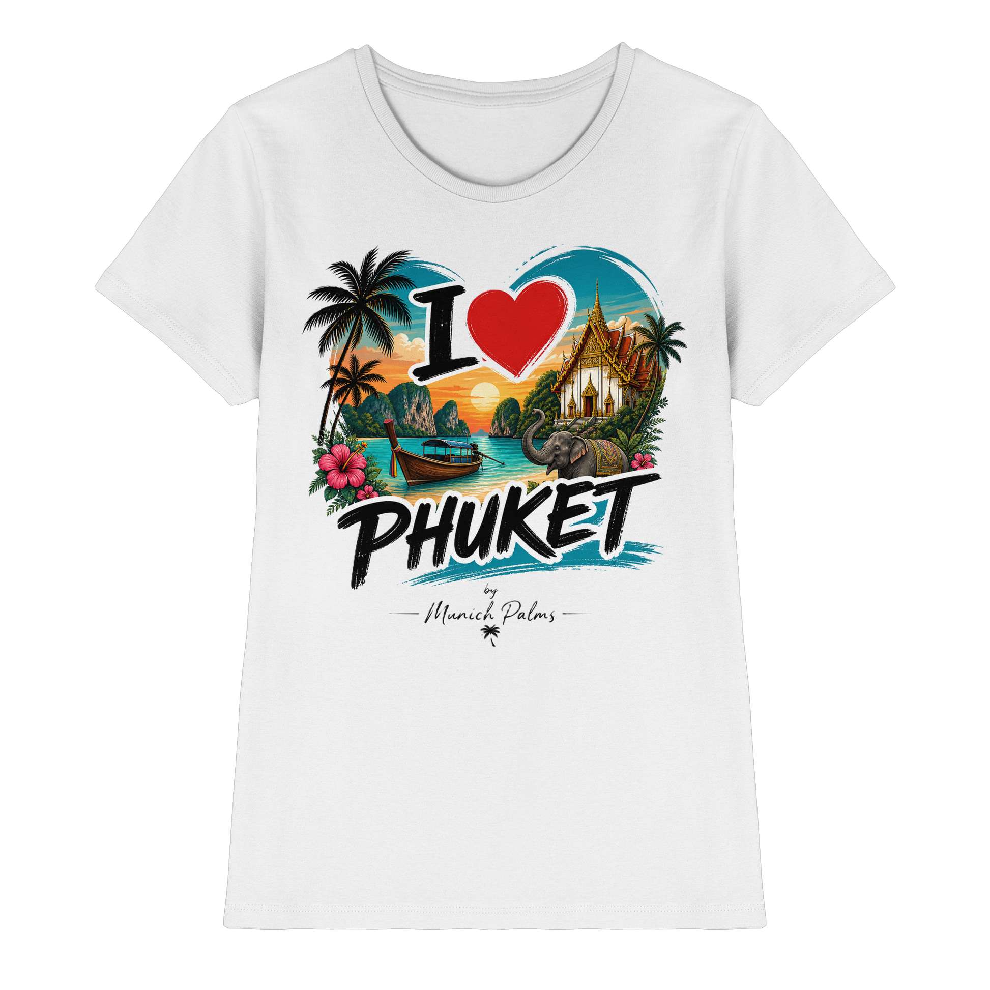 Weißes Damen-Shirt "I love Phuket" von Online Kaufhaus München, vorne sichtbar, bequemes Premium-Shirt für Damen.