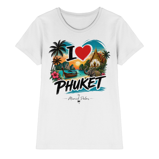 Weißes Damen-Shirt "I love Phuket" von Online Kaufhaus München, vorne sichtbar, bequemes Premium-Shirt für Damen.