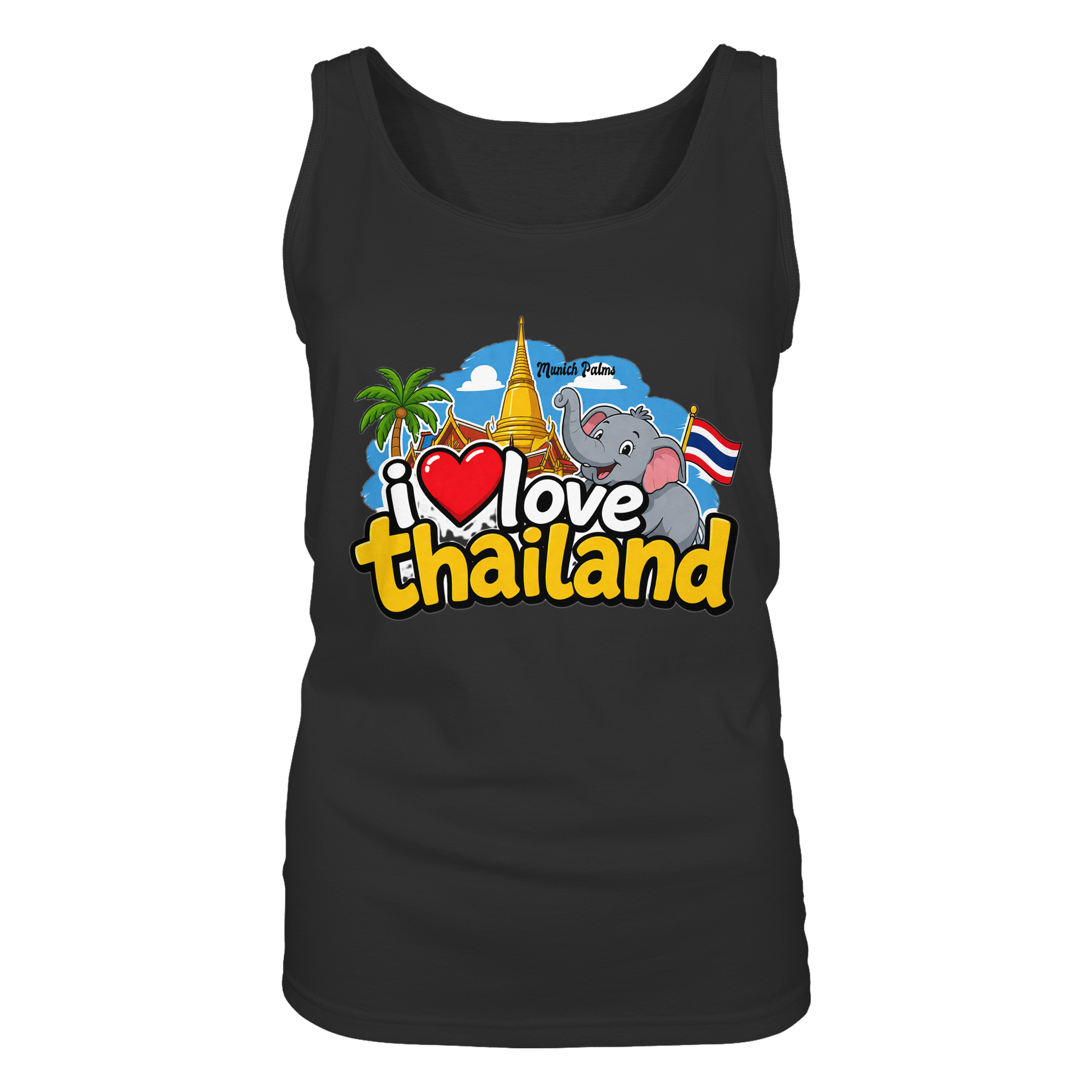 Schwarzes Damen Tank-Top mit "I love Thailand" Aufdruck, bequemes Oberteil für Frauen, Frontansicht, Online Kaufhaus München