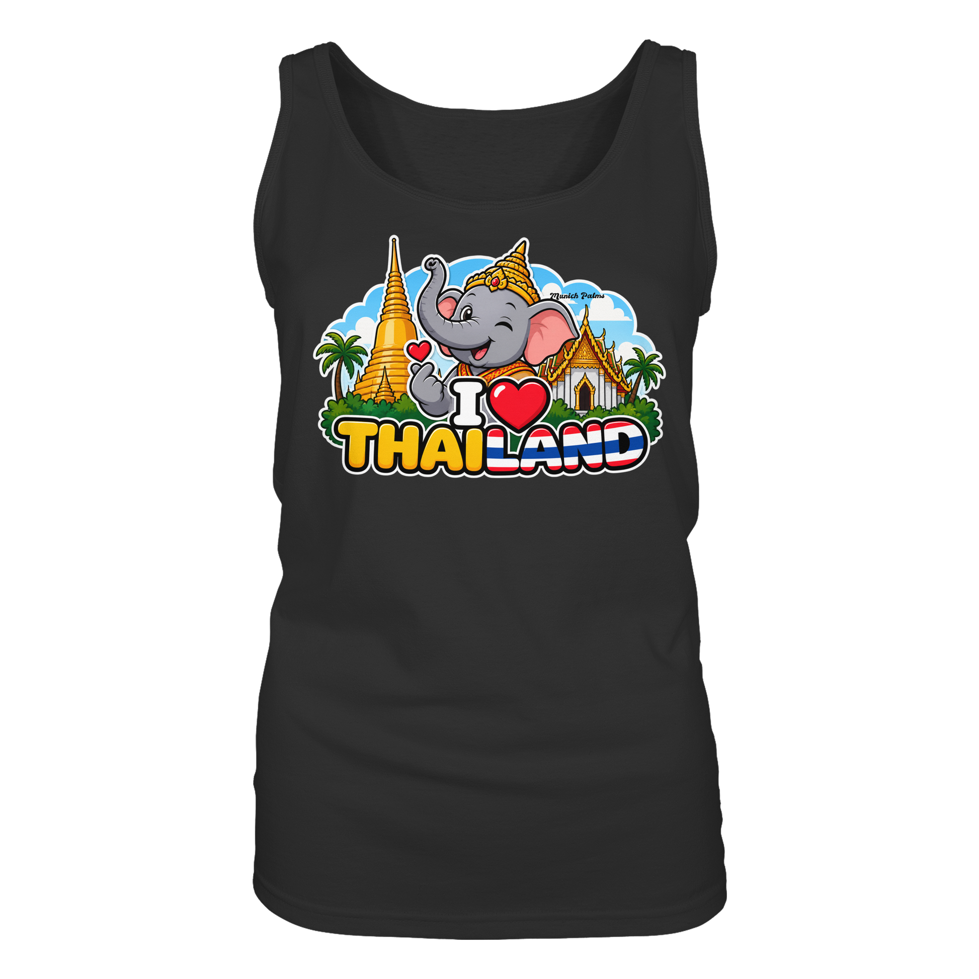 Schwarzes Damen Tank-Top mit I Love Thailand Elefanten-Design und München Palms Muster, bequemes Mode-Top für Damen.
