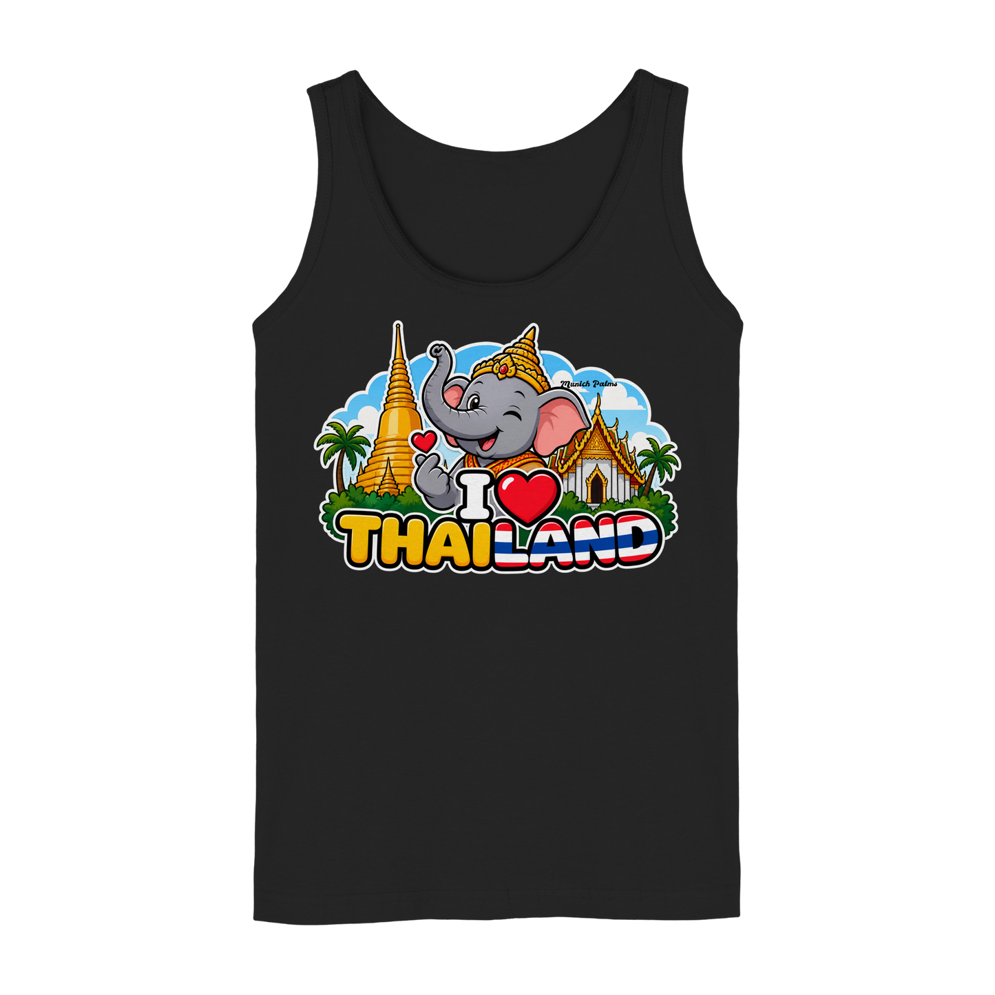 Schwarzes Damen Tank-Top mit Elefanten-Design und "I Love Thailand" Aufdruck, exklusiv im Munich Palms Stil, frontal sichtbar