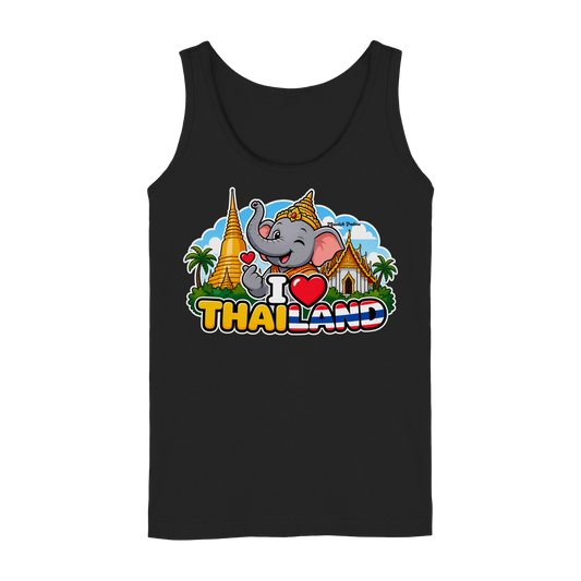 Schwarzes Damen Tank-Top mit Elefanten-Design und "I Love Thailand" Aufdruck, exklusiv im Munich Palms Stil, frontal sichtbar