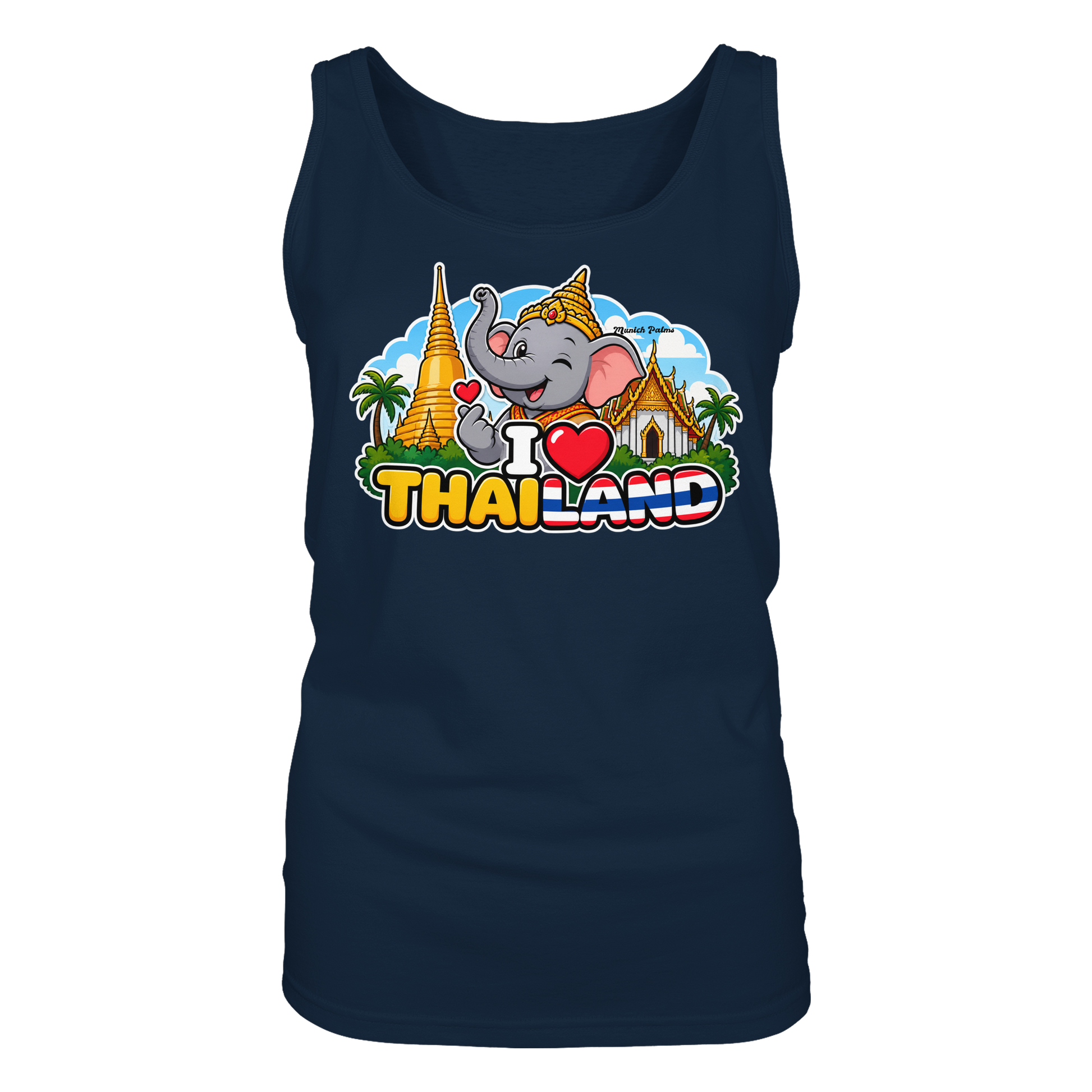 Navyfarbenes Damen Tank-Top mit Elefanten-Design und "I Love Thailand" Schriftzug, exklusiv bei Online Kaufhaus München.