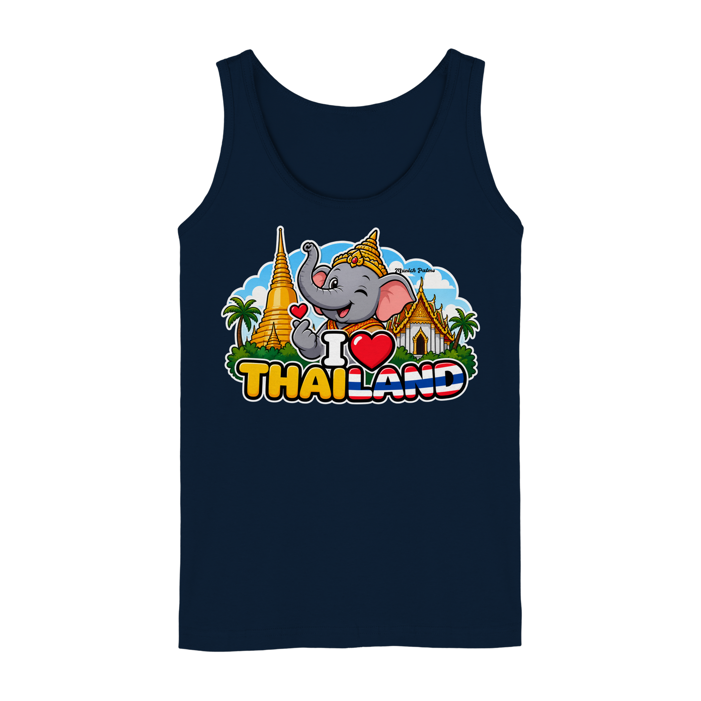 Navyfarbenes Damen Tank-Top mit Elefanten-Design und "I Love Thailand" Aufdruck, exklusiv im Munich Palms Stil, frontale Ansicht