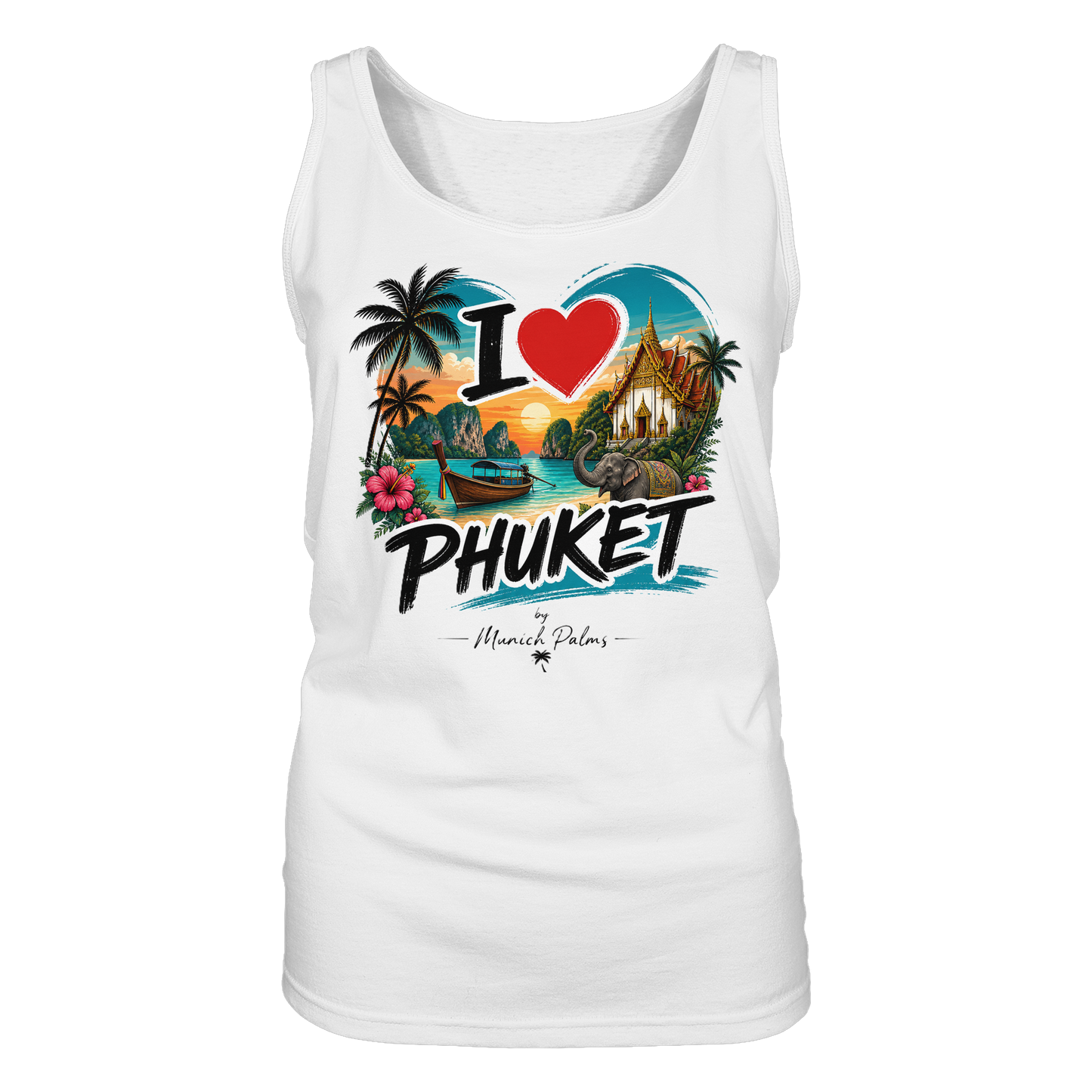 Weißes Damen Tank-Top mit "I love Phuket" Druck, bequemes Tank-Top für Damen, modisch und lässig, von Online Kaufhaus München