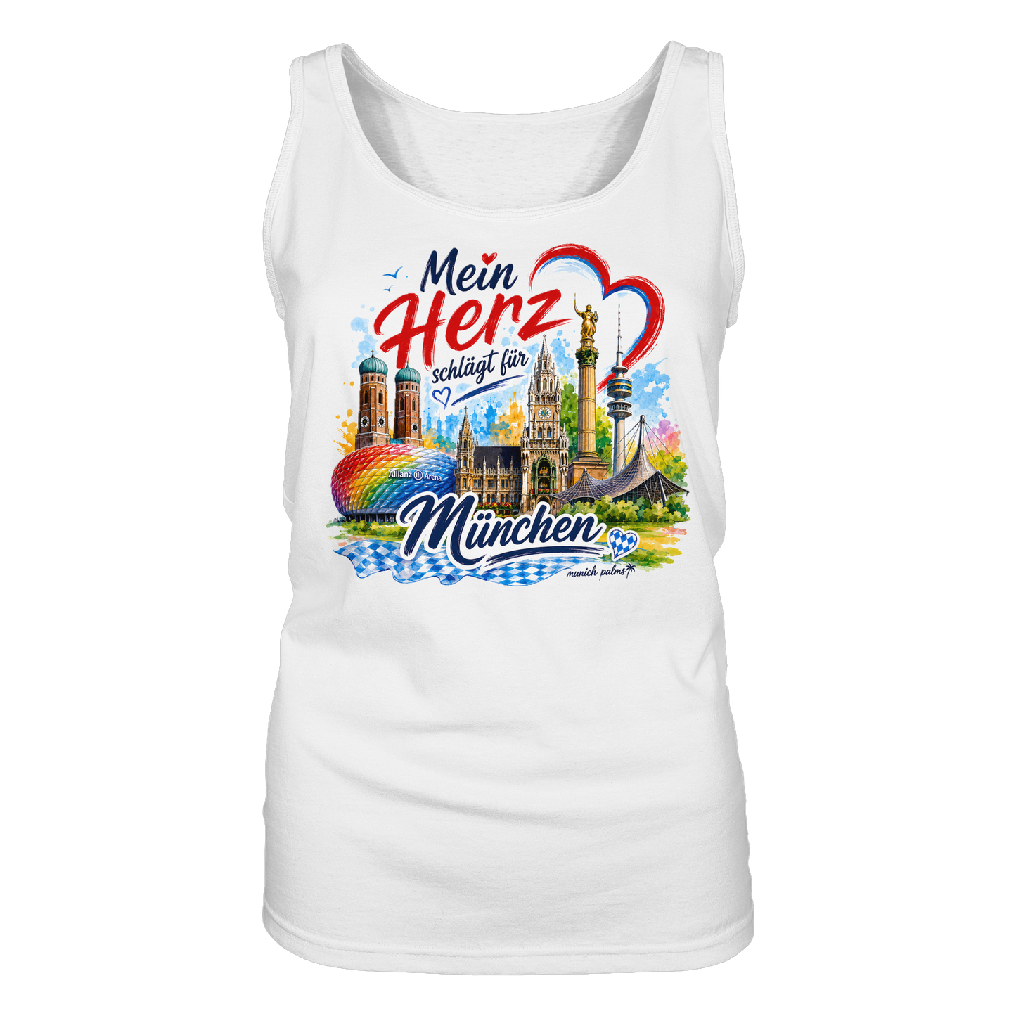 Weißes Damen Tank-Top mit buntem München Design und Wahrzeichen, ideal für modebewusste München-Fans.
