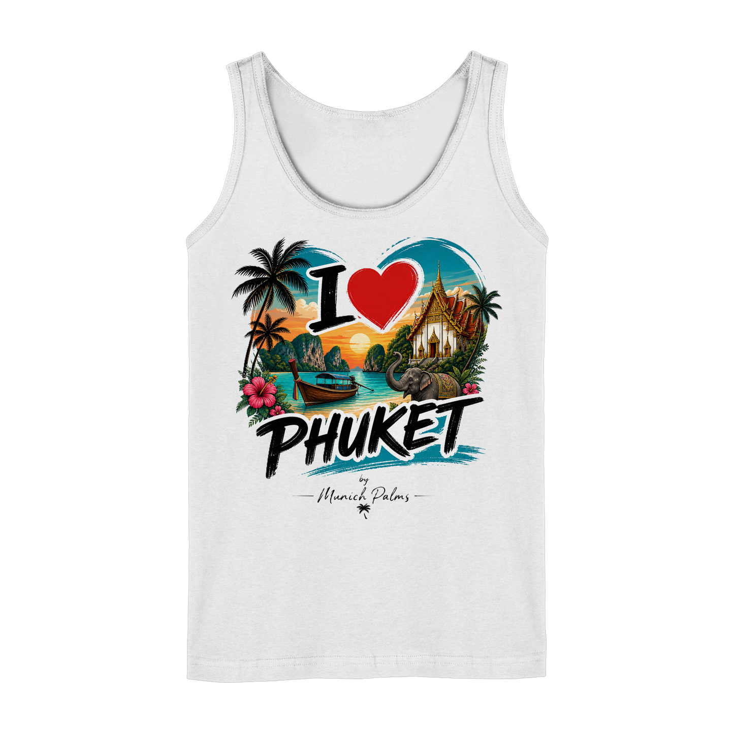 Weißes Damen Tank-Top mit "I love Phuket" Aufdruck, bequemes Oberteil für Damen, Frontansicht, von Online Kaufhaus München