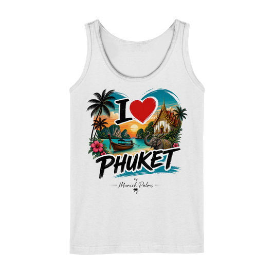 Weißes Damen Tank-Top mit "I love Phuket" Aufdruck, bequemes Oberteil für Damen, Frontansicht, von Online Kaufhaus München