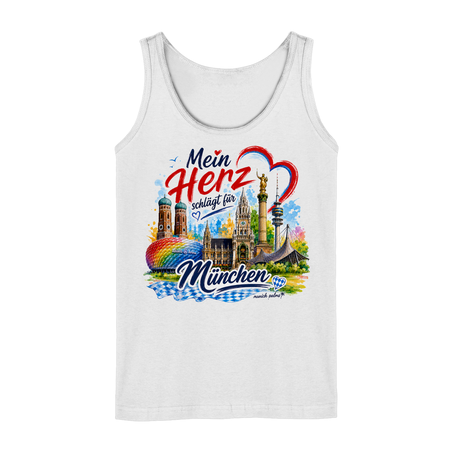 Weißes Damen Tank-Top mit buntem München Design, Wahrzeichen und Herz-Motiv, Munich Palms, Frontansicht
