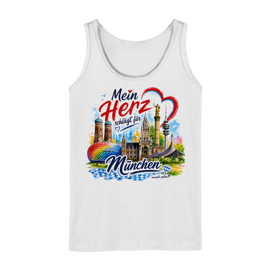 Weißes Damen Tank-Top mit buntem München Design, Wahrzeichen und Herz-Motiv, Munich Palms, Frontansicht