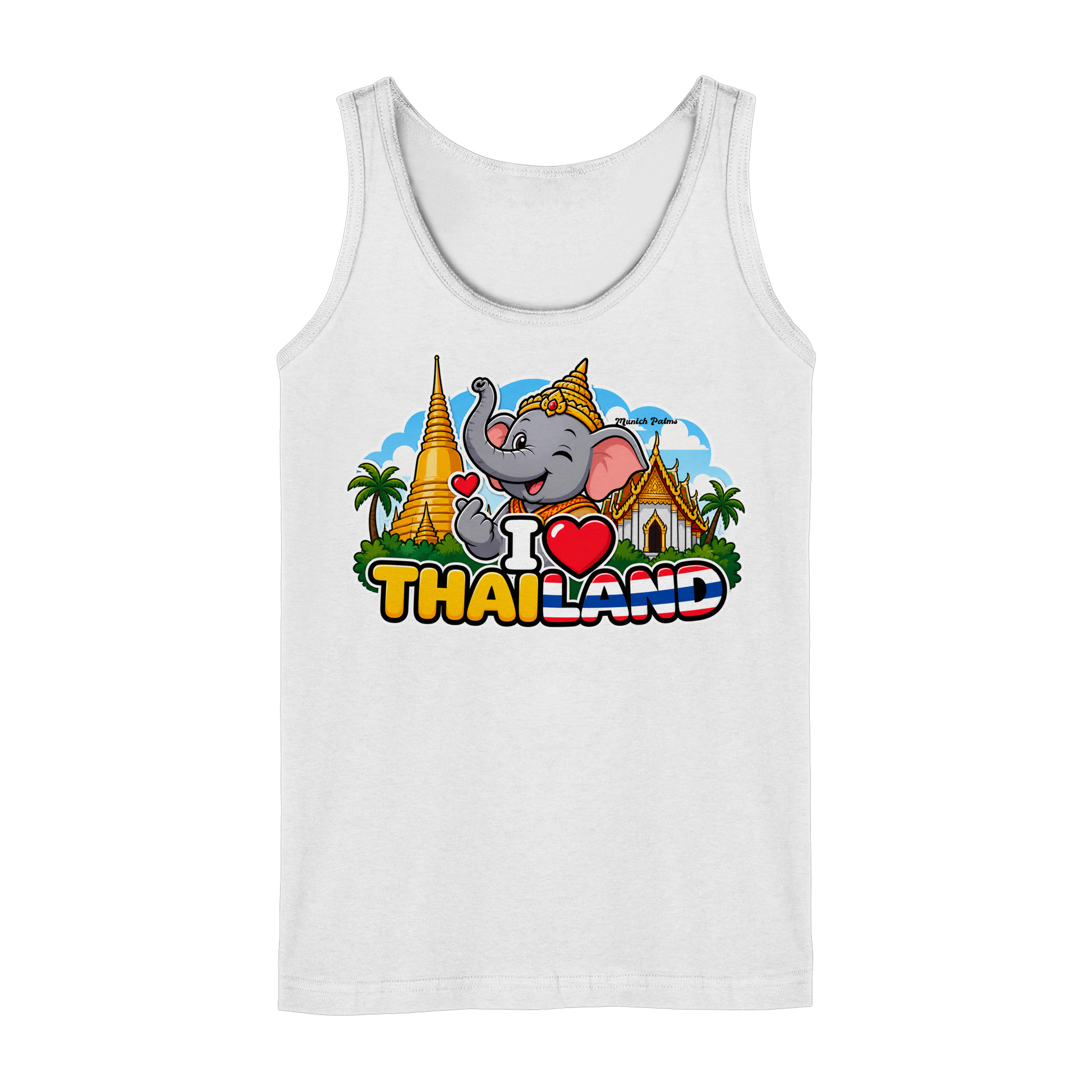 Weißes Damen Tank-Top mit Elefanten-Design und "I Love Thailand" Aufdruck, exklusives Munich Palms Muster, frontal sichtbar.