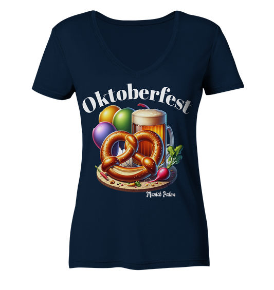 Beer mugs, pretzels, radishes - Oktoberfest - Wiesn licensed design Munich Palms - Ladies V-Neck Shirt