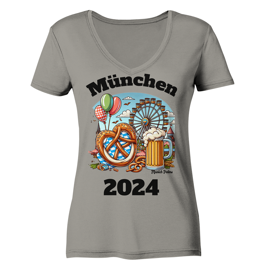 München 2024 mit Volksfest ,Frühlingsfest,Kirmes,Oktoberfest -Design Munich Palms -auch mit dem Namen Deiner Stadt - Ladies V-Neck Shirt