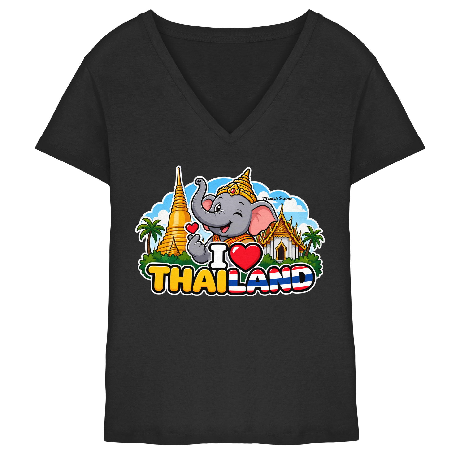 Schwarzes Damen V-Ausschnitt Shirt mit I Love Thailand Elefanten-Design, Munich Palms, exklusiv, von Online Kaufhaus München