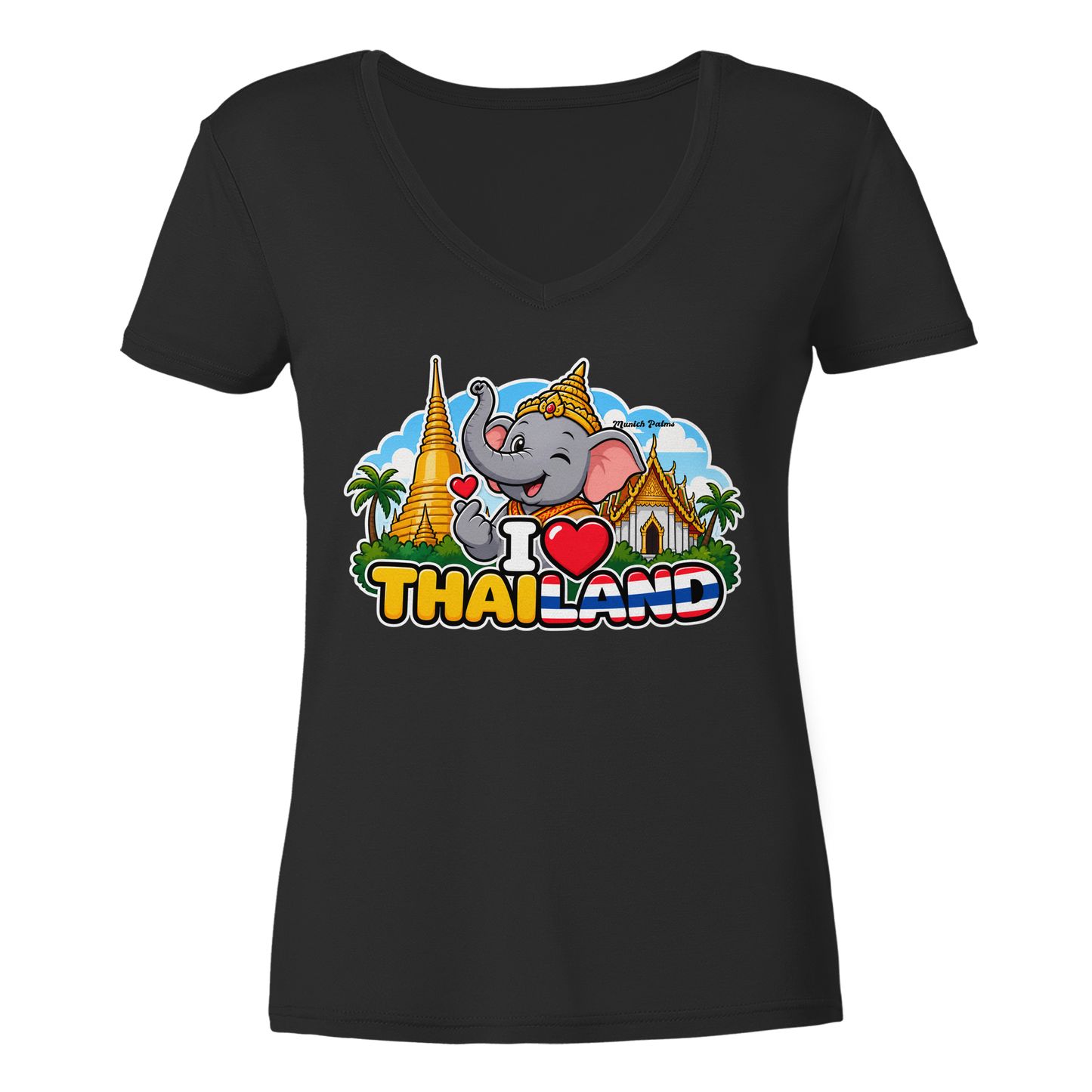 Schwarzes Damen V-Ausschnitt-Shirt mit Elefanten-Design und "I Love Thailand" Aufdruck, exklusiv im Munich Palms Stil.