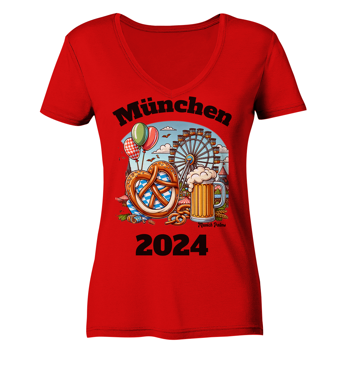 München 2024 mit Volksfest ,Frühlingsfest,Kirmes,Oktoberfest -Design Munich Palms -auch mit dem Namen Deiner Stadt - Ladies V-Neck Shirt