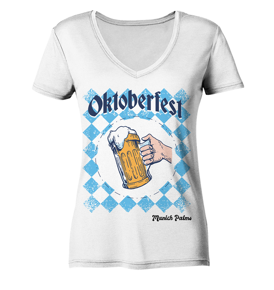 Oktoberfest beer mug in Bavarian diamond design by Munich Palms - Ladies V-Neck Shirt