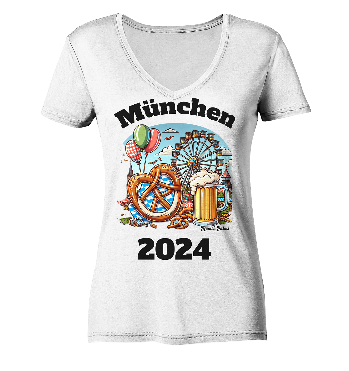 München 2024 mit Volksfest ,Frühlingsfest,Kirmes,Oktoberfest -Design Munich Palms -auch mit dem Namen Deiner Stadt - Ladies V-Neck Shirt