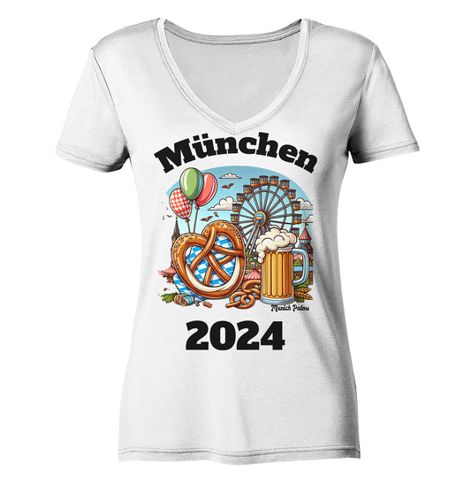 München 2024 mit Volksfest ,Frühlingsfest,Kirmes,Oktoberfest -Design Munich Palms -auch mit dem Namen Deiner Stadt - Ladies V-Neck Shirt