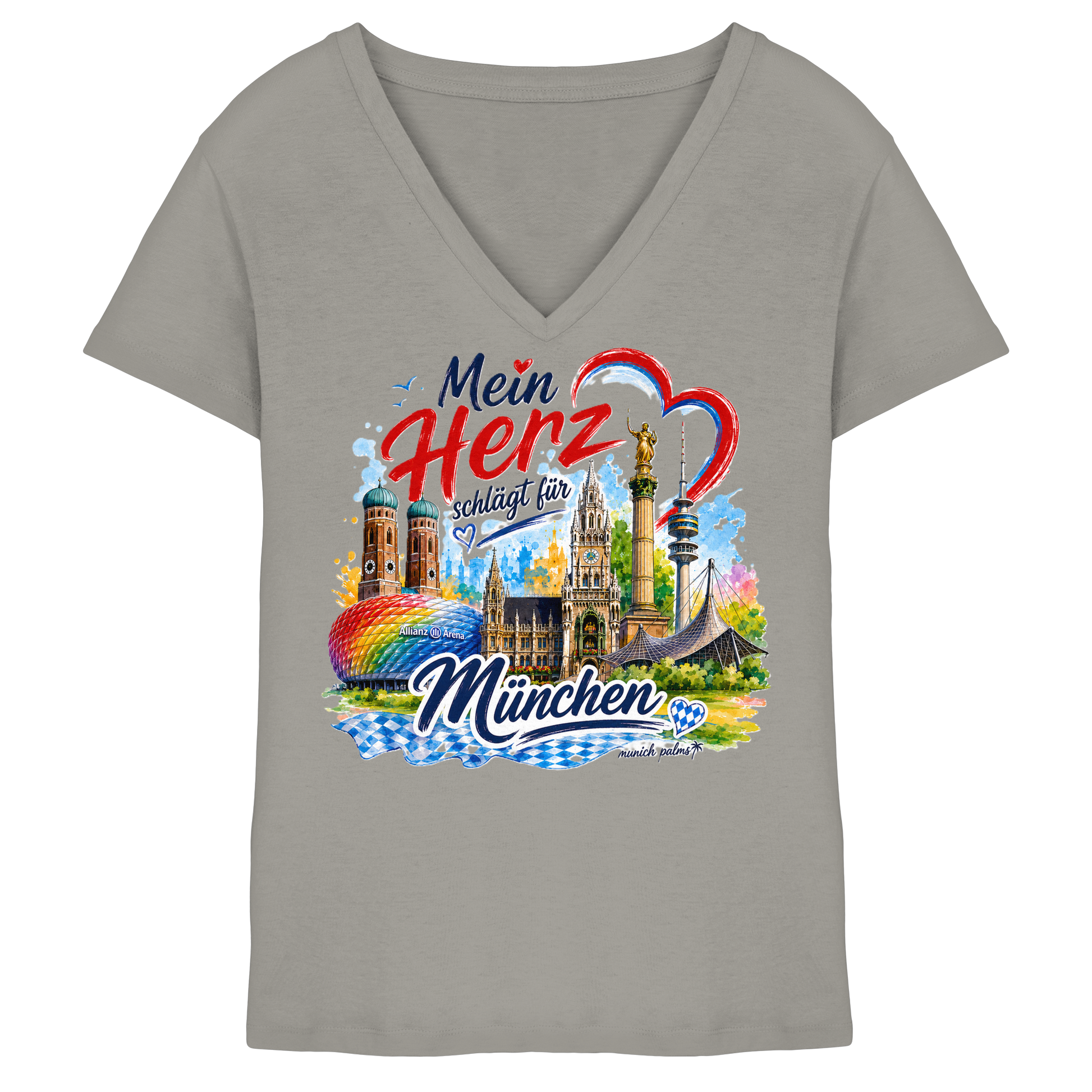 Helles graues Damen-V-Ausschnitt-Shirt von Munich Palms mit buntem München Design und Wahrzeichen, leicht und bequem.