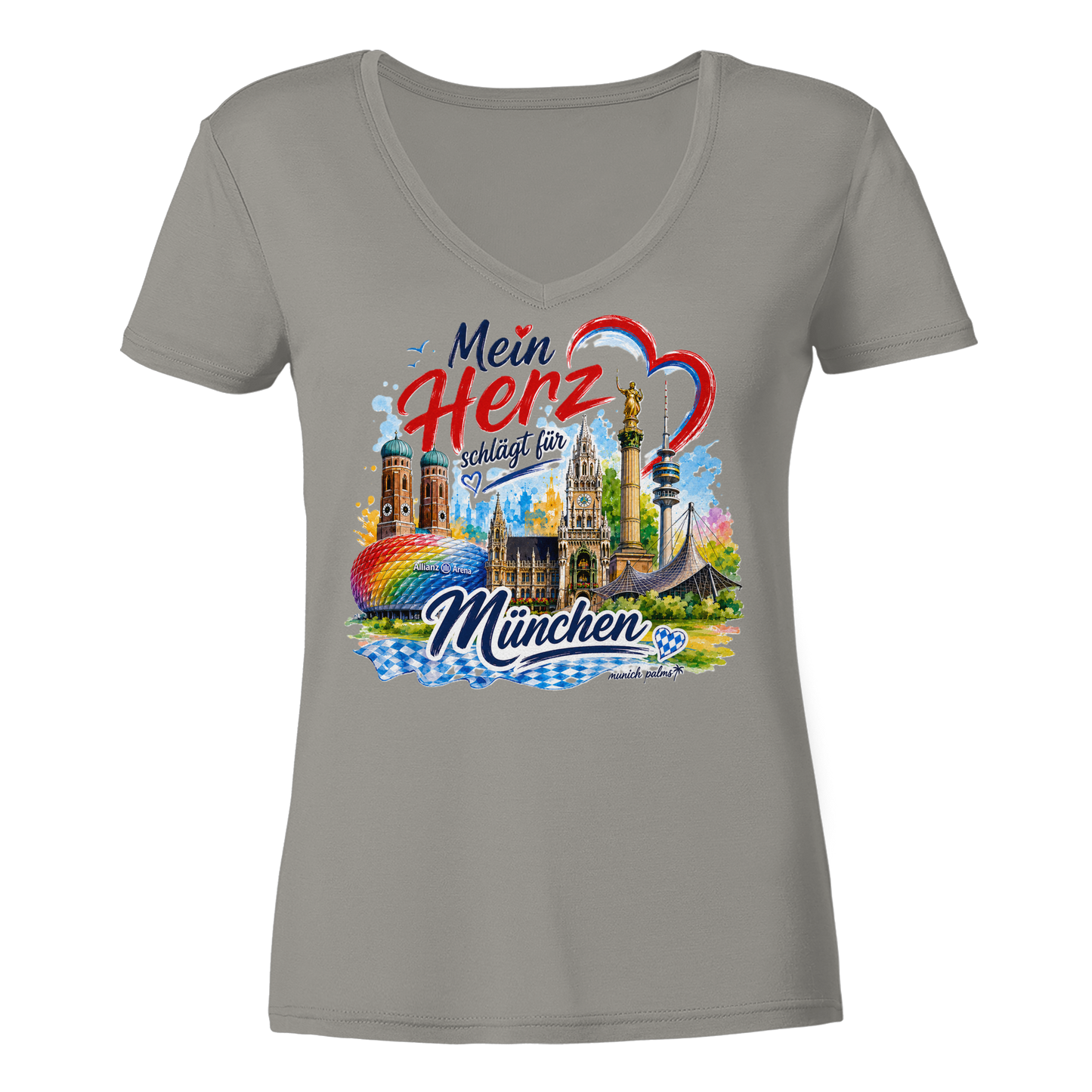 Helles graues Damen V-Ausschnitt-Shirt mit buntem München Design und Wahrzeichen, von Munich Palms für Online Kaufhaus München.