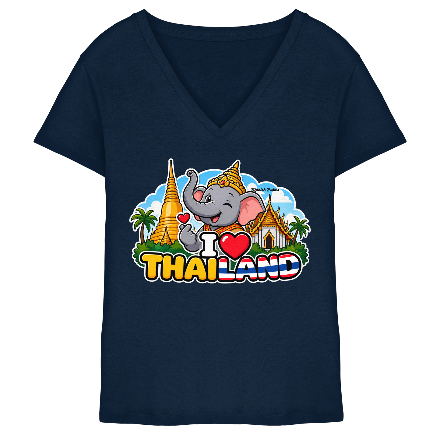 Lächelnder Elefanten-V-Neck-Shirt in Navy mit Thailand-Design für Damen, exklusiv bei Online Kaufhaus München.