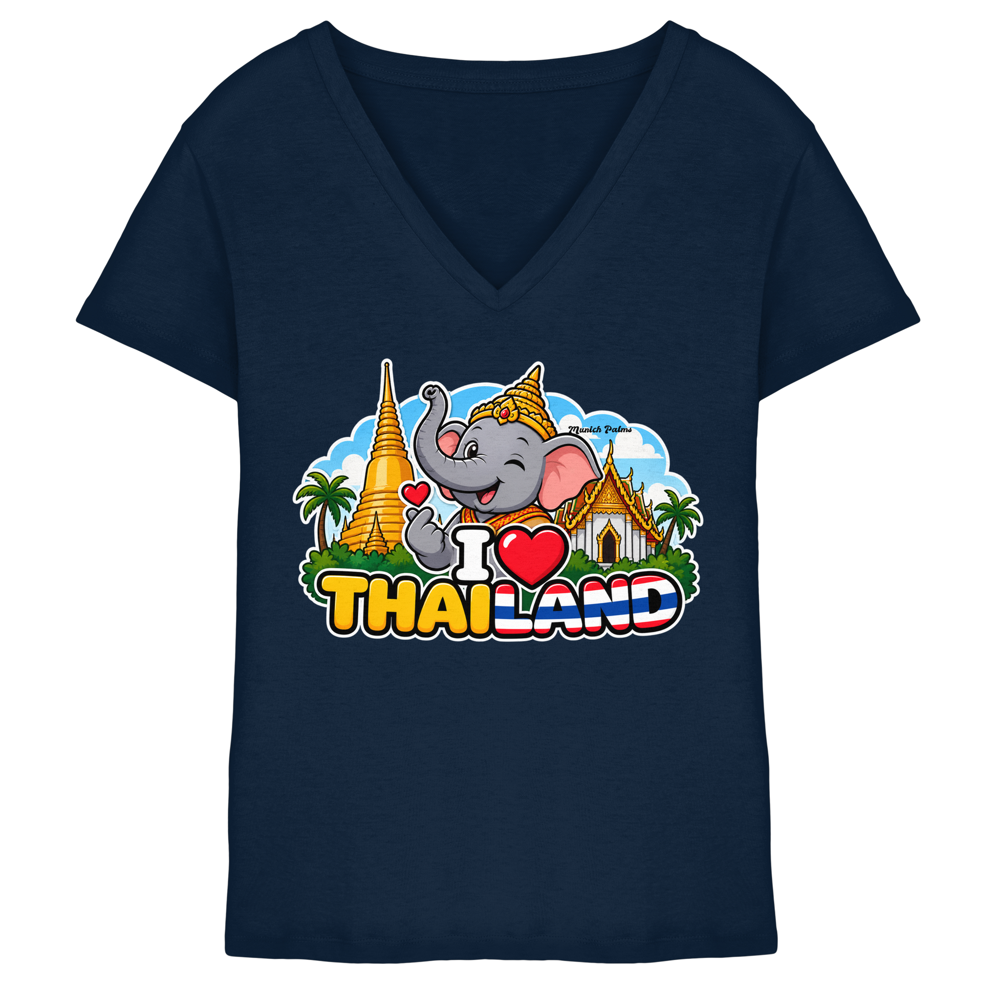 Lächelnder Elefanten-V-Neck-Shirt in Navy mit Thailand-Design für Damen, exklusiv bei Online Kaufhaus München.