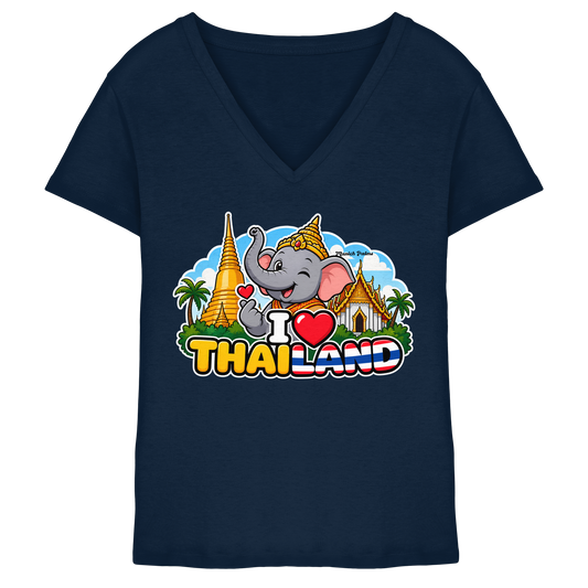 Lächelnder Elefanten-V-Neck-Shirt in Navy mit Thailand-Design für Damen, exklusiv bei Online Kaufhaus München.