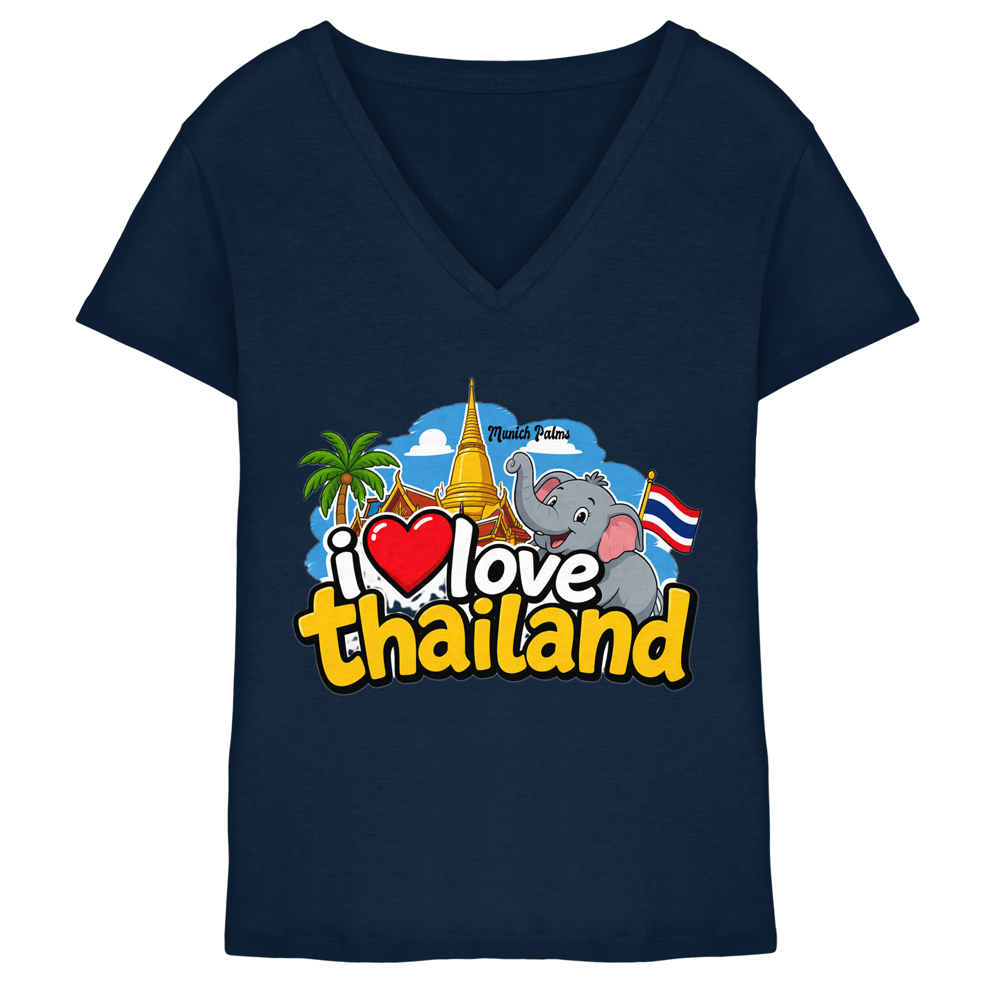 Damen V-Ausschnitt-Shirt mit "I love Thailand" Aufdruck in Navy-Farbe, frontale Ansicht, bequemes V-Neck Design