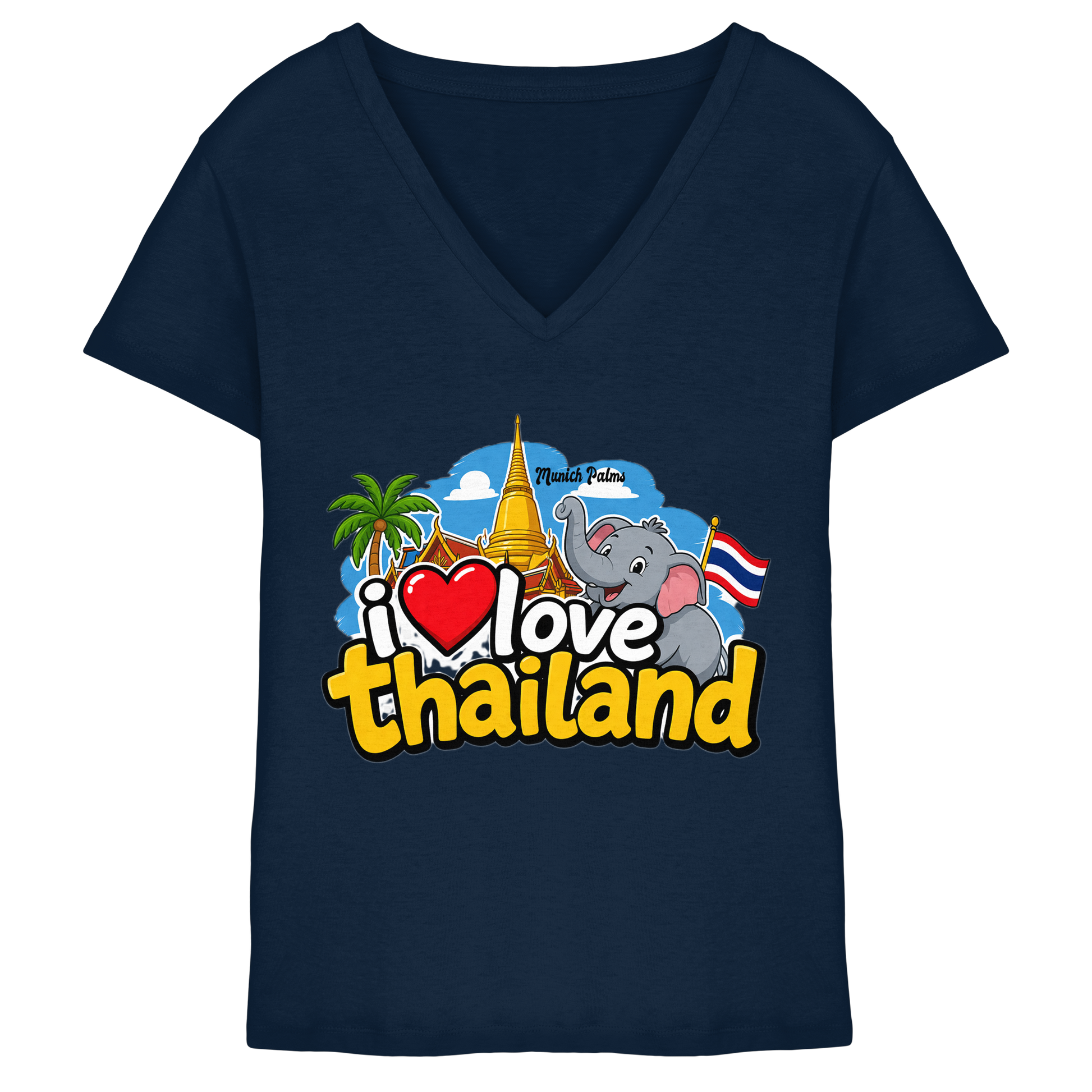 Damen V-Ausschnitt-Shirt mit "I love Thailand" Aufdruck in Navy-Farbe, frontale Ansicht, bequemes V-Neck Design