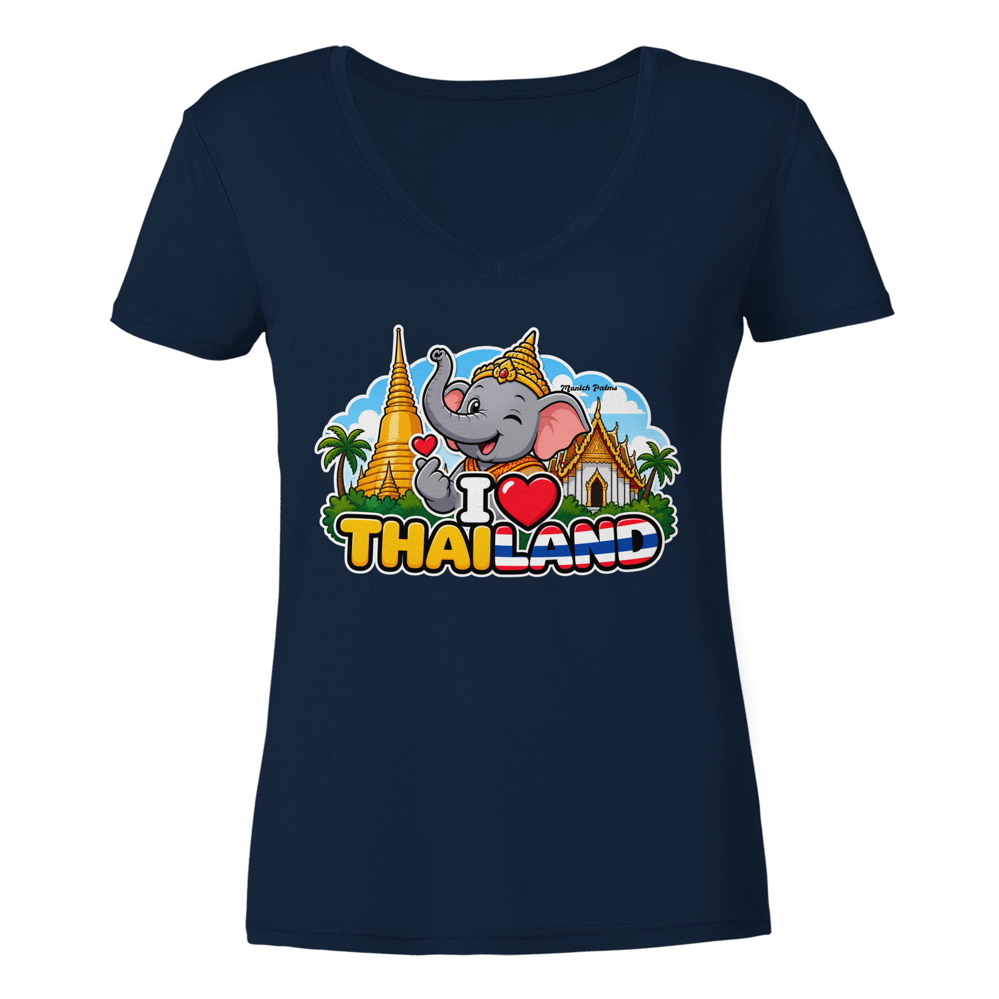 Lächelnder Elefant auf Navy V-Ausschnitt-Shirt für Damen im Munich Palms Design, bequemes V-Neck Shirt von Online Kaufhaus München