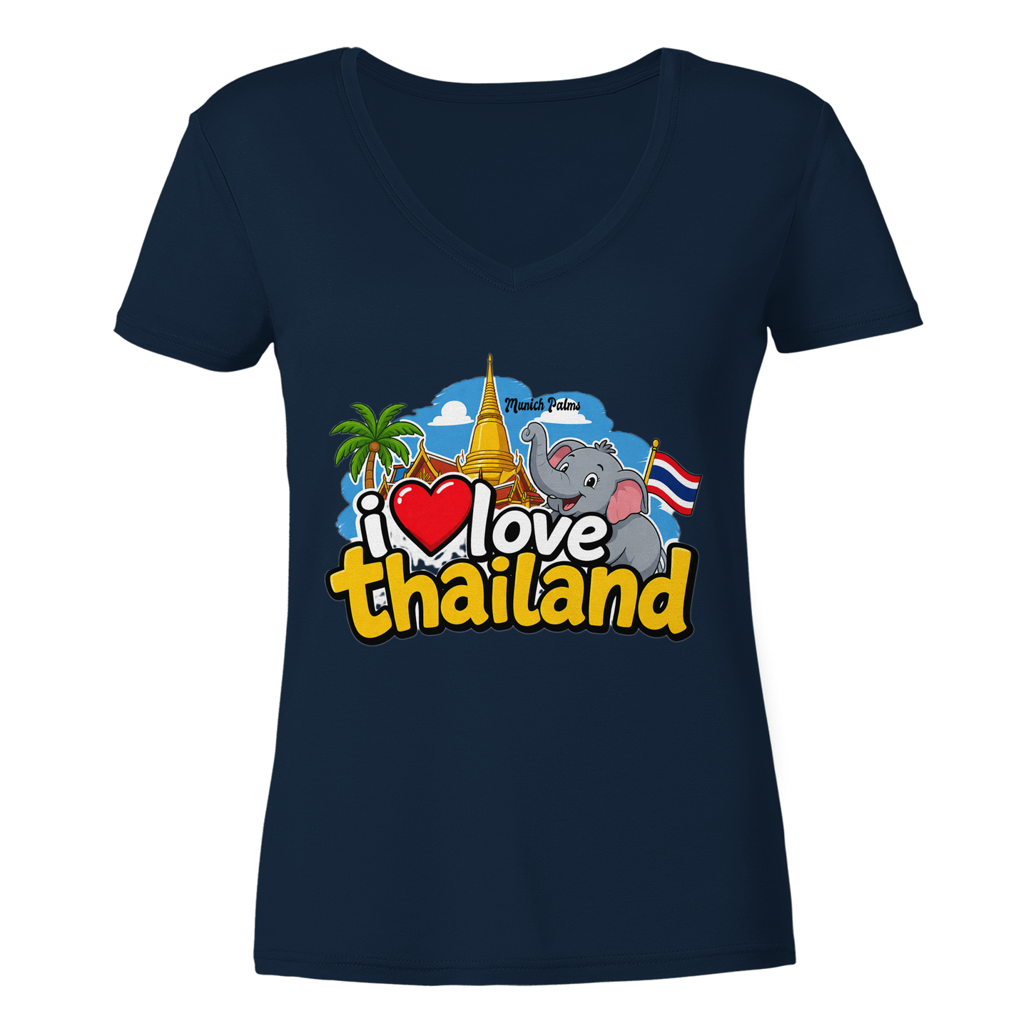 Damen V-Ausschnitt-Shirt mit "I love Thailand" Aufdruck in Navy, frontale Ansicht, bequemes V-Neck-Design von Online Kaufhaus München