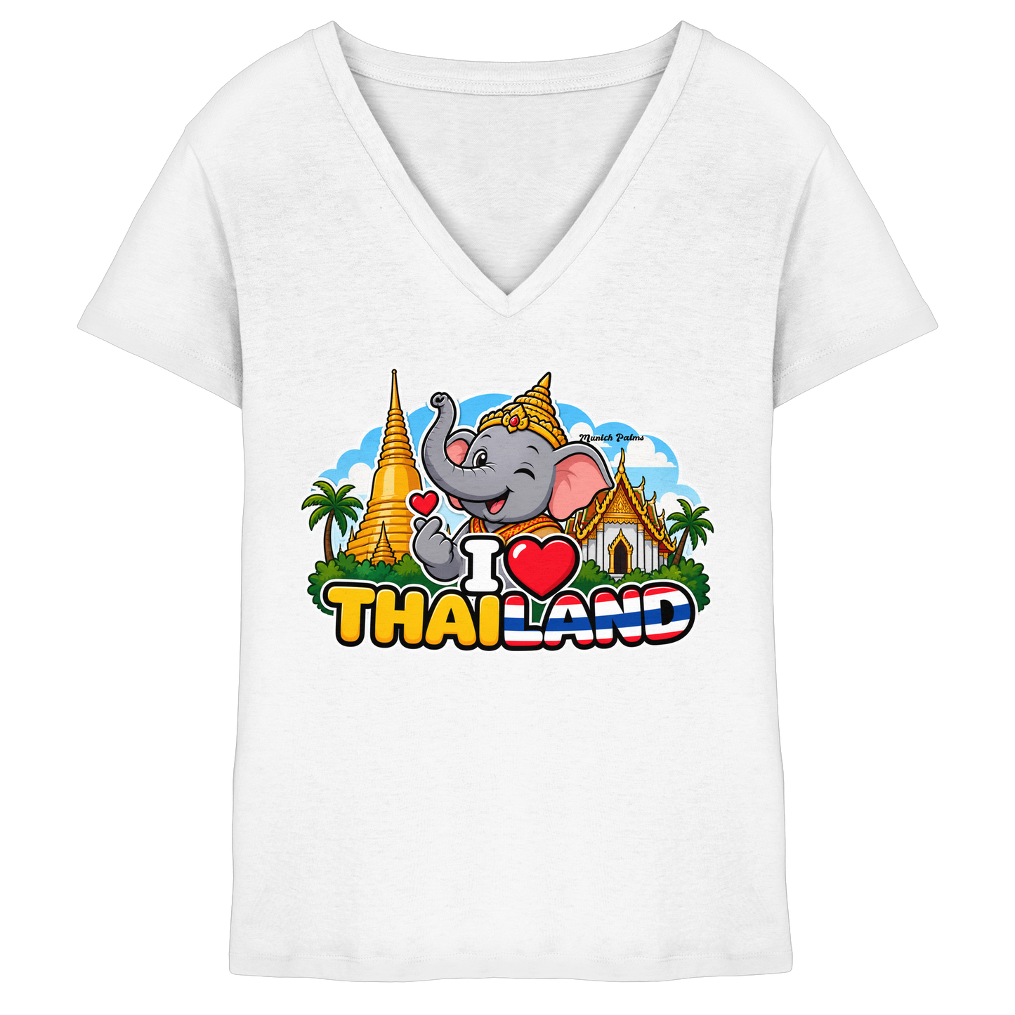 Weißes Damen V-Ausschnitt-Shirt mit Elefanten-Design und "I Love Thailand" Aufdruck, exklusiv im Munich Palms Stil.