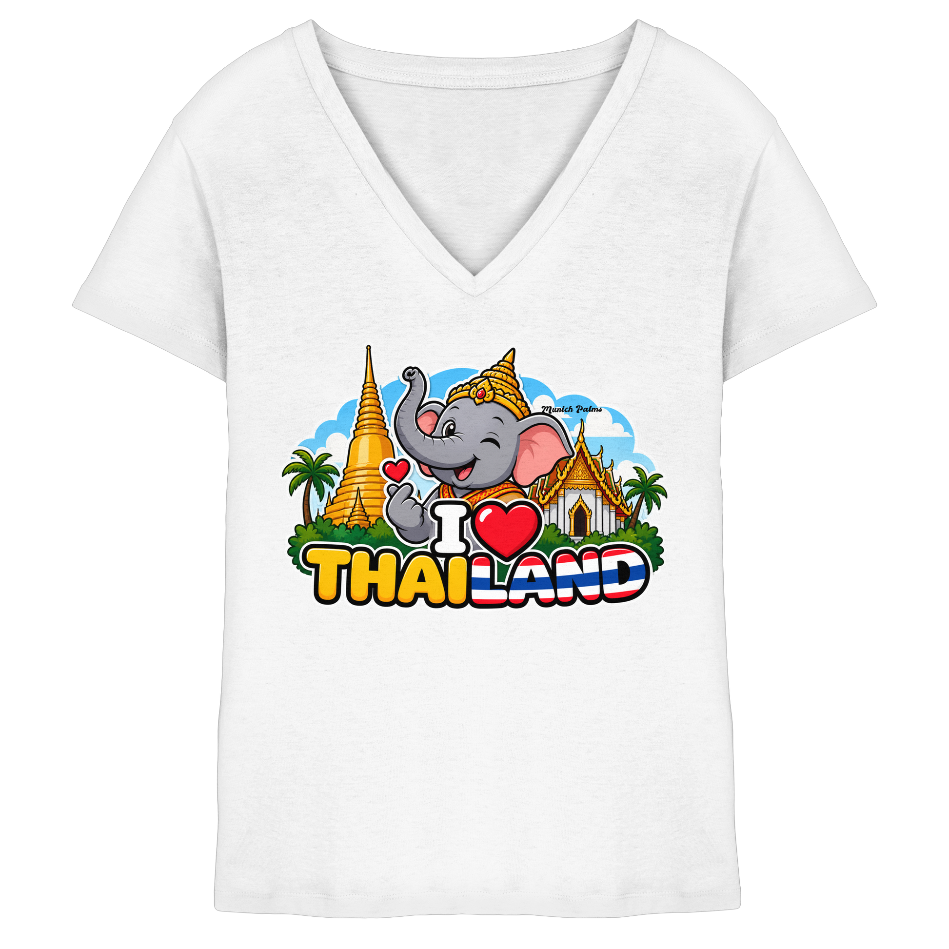 Weißes Damen V-Ausschnitt-Shirt mit Elefanten-Design und "I Love Thailand" Aufdruck, exklusiv im Munich Palms Stil.