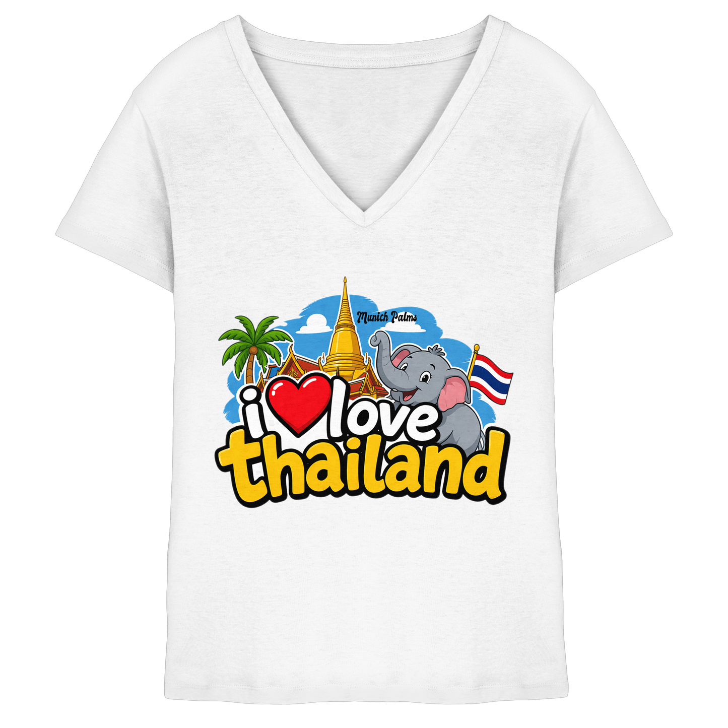 Weißes Damen V-Ausschnitt-Shirt mit "I love Thailand"-Print, bequemes V-Neck Shirt für Frauen, Frontansicht