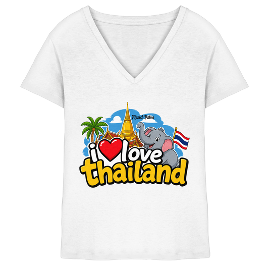 Weißes Damen V-Ausschnitt-Shirt mit "I love Thailand"-Print, bequemes V-Neck Shirt für Frauen, Frontansicht