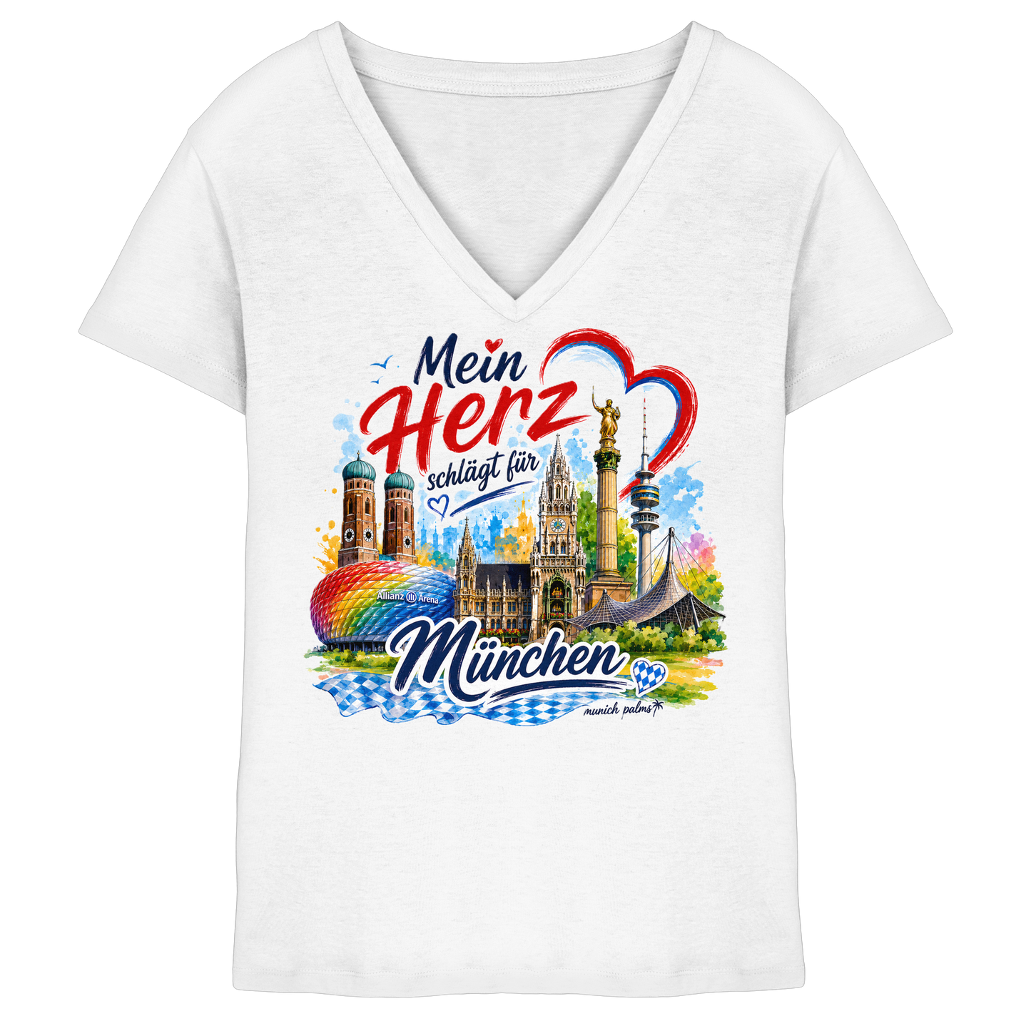 Weißes Damen-V-Ausschnitt-Shirt mit buntem München Design und Wahrzeichen, von Munich Palms, für modebewusste München-Fans.