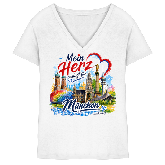 Weißes Damen-V-Ausschnitt-Shirt mit buntem München Design und Wahrzeichen, von Munich Palms, für modebewusste München-Fans.