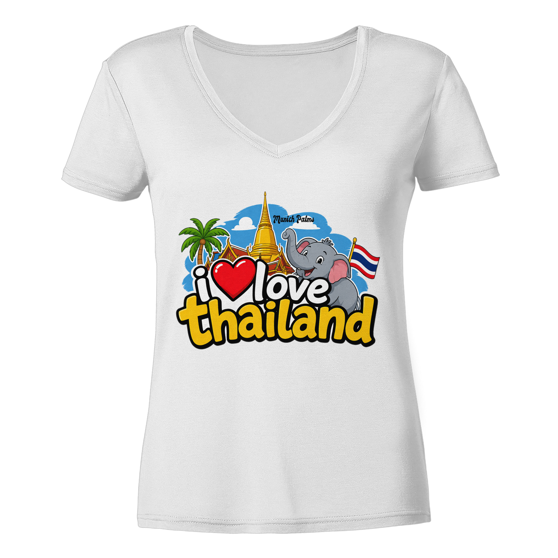 Weiße Damen V-Ausschnitt-Shirt mit "I love Thailand" Aufdruck, modisch und bequem, von Online Kaufhaus München.
