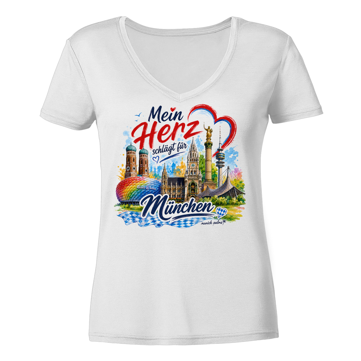 Weißes Damen V-Ausschnitt-Shirt von Munich Palms mit buntem München Design und Wahrzeichen, stilvoll und bequem.