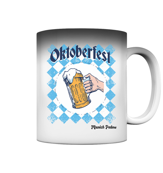 Oktoberfest beer mug in Bavarian diamond design by Munich Palms - Magic Mug