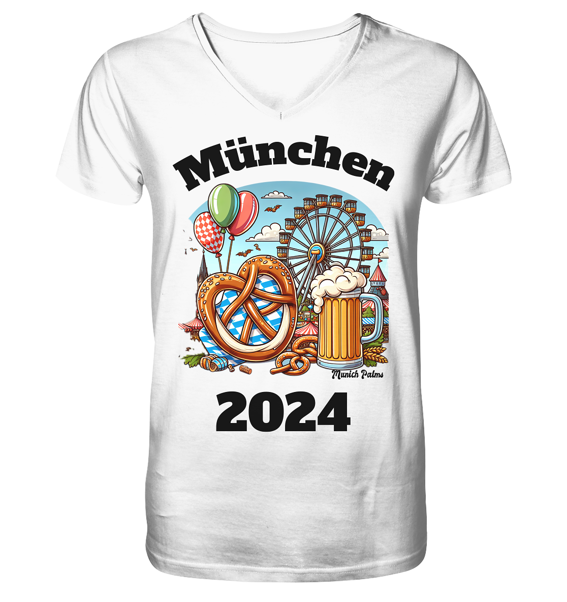 München 2024 mit Volksfest ,Frühlingsfest,Kirmes,Oktoberfest -Design Munich Palms -auch mit dem Namen Deiner Stadt - Mens Organic V-Neck Shirt