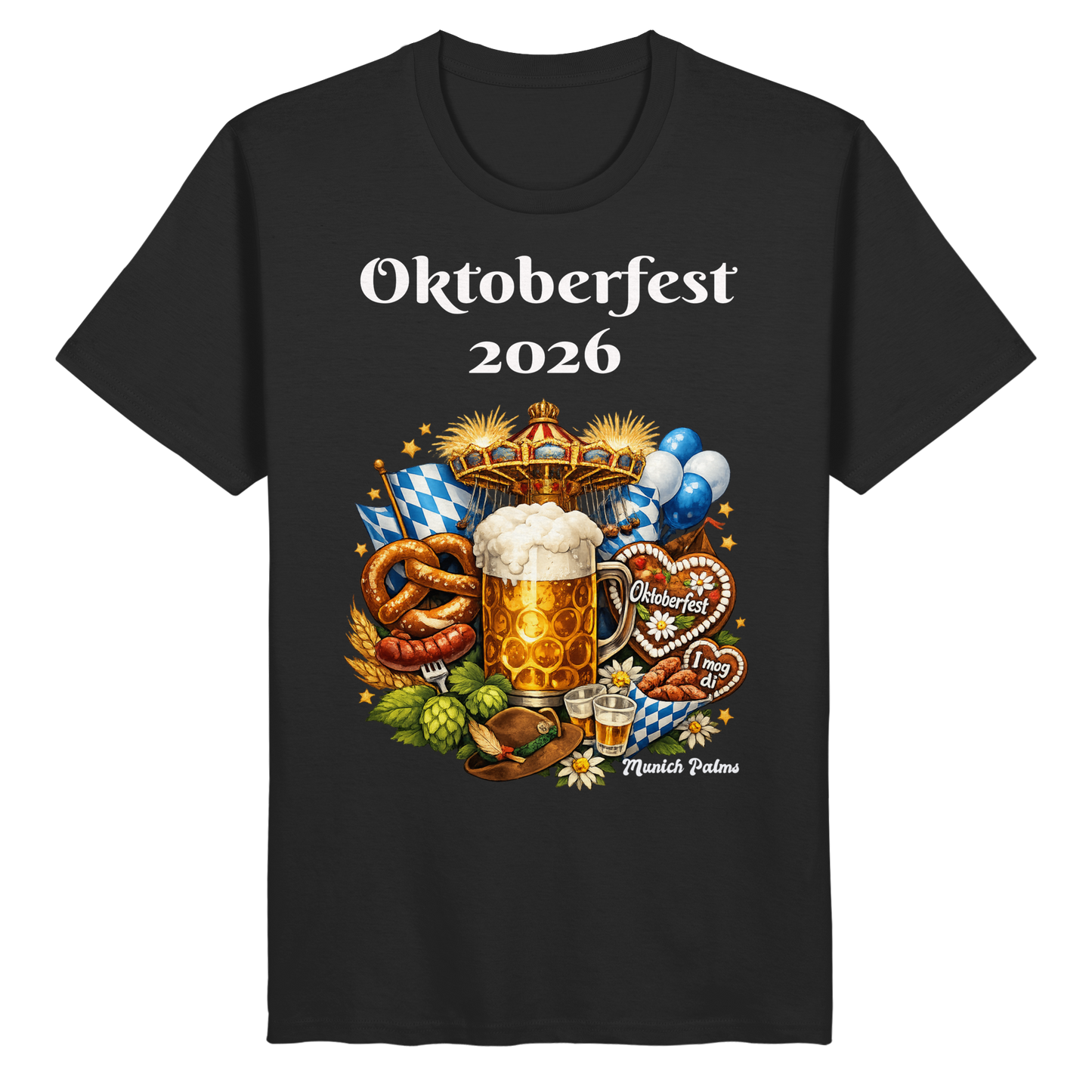 Unisex-Oktoberfest 2026 Munich Design Bio-Basic-Shirt in Schwarz, vorne sichtbar, bequemes Organic-Shirt von Online Kaufhaus München