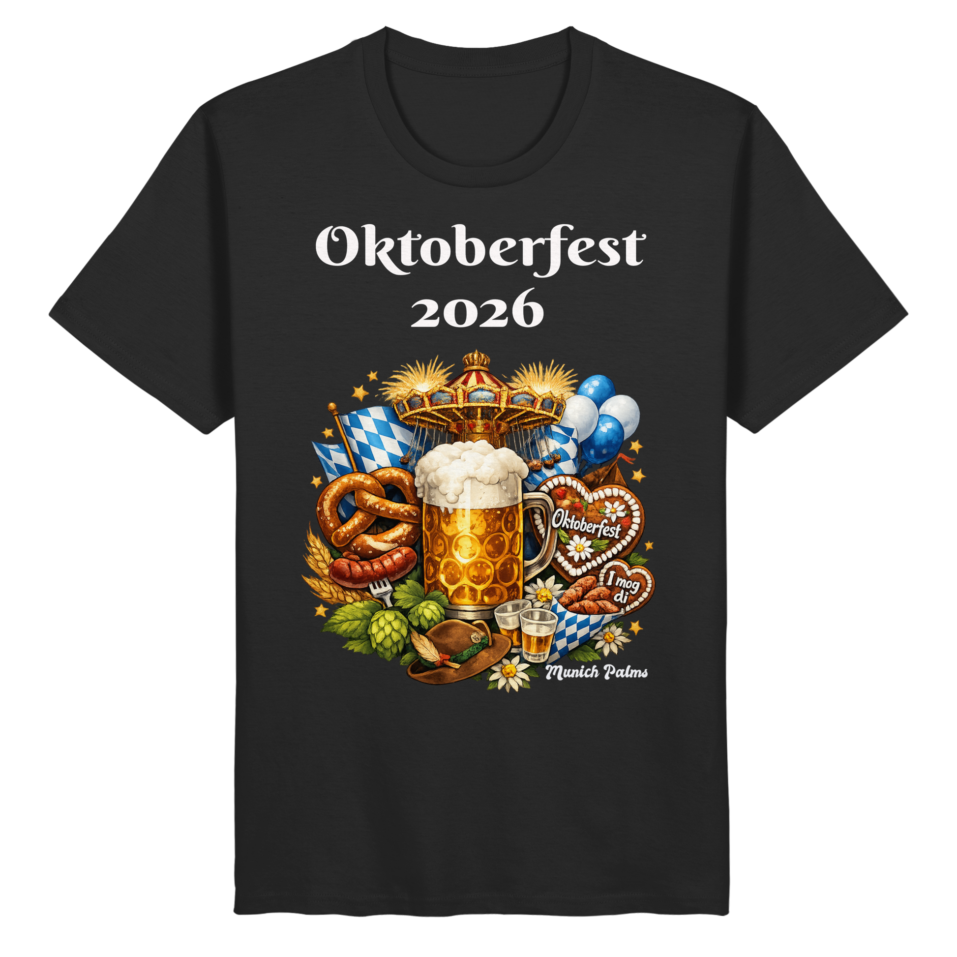 Unisex-Oktoberfest 2026 Munich Design Bio-Basic-Shirt in Schwarz, vorne sichtbar, bequemes Organic-Shirt von Online Kaufhaus München