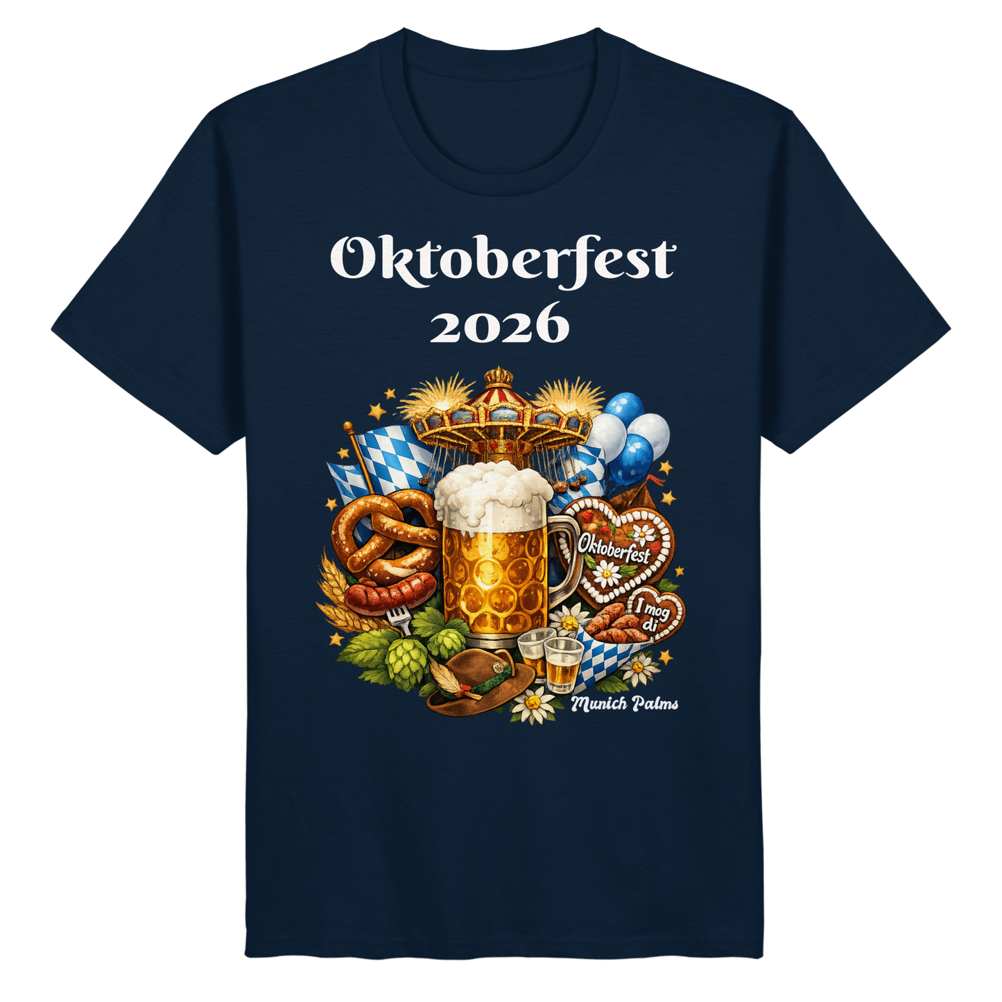 Unisex-Organic-Basic-Shirt mit Oktoberfest 2026 München Design in French Navy, Frontansicht, bequemes Basic-Shirt
