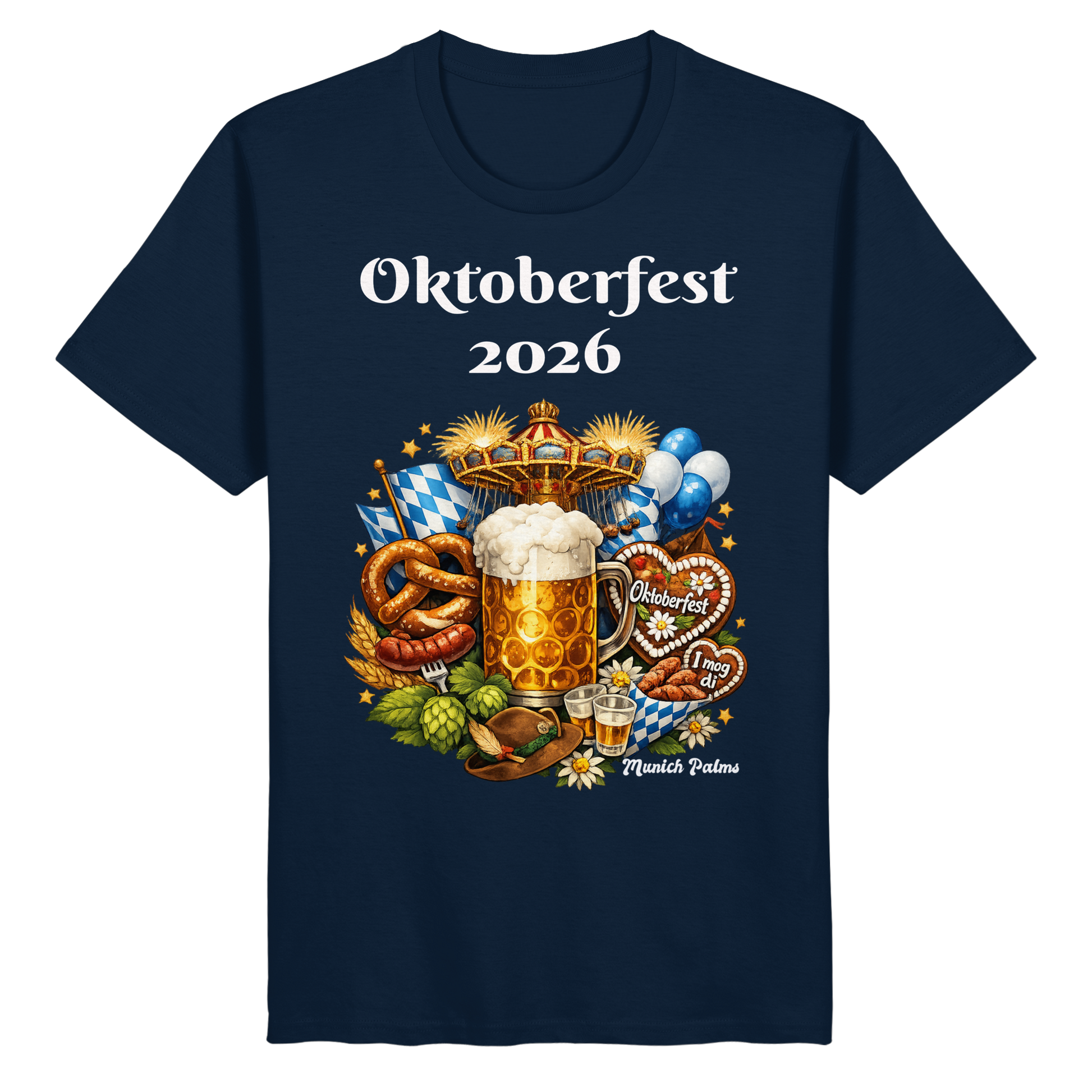 Unisex-Organic-Basic-Shirt mit Oktoberfest 2026 München Design in French Navy, Frontansicht, bequemes Basic-Shirt