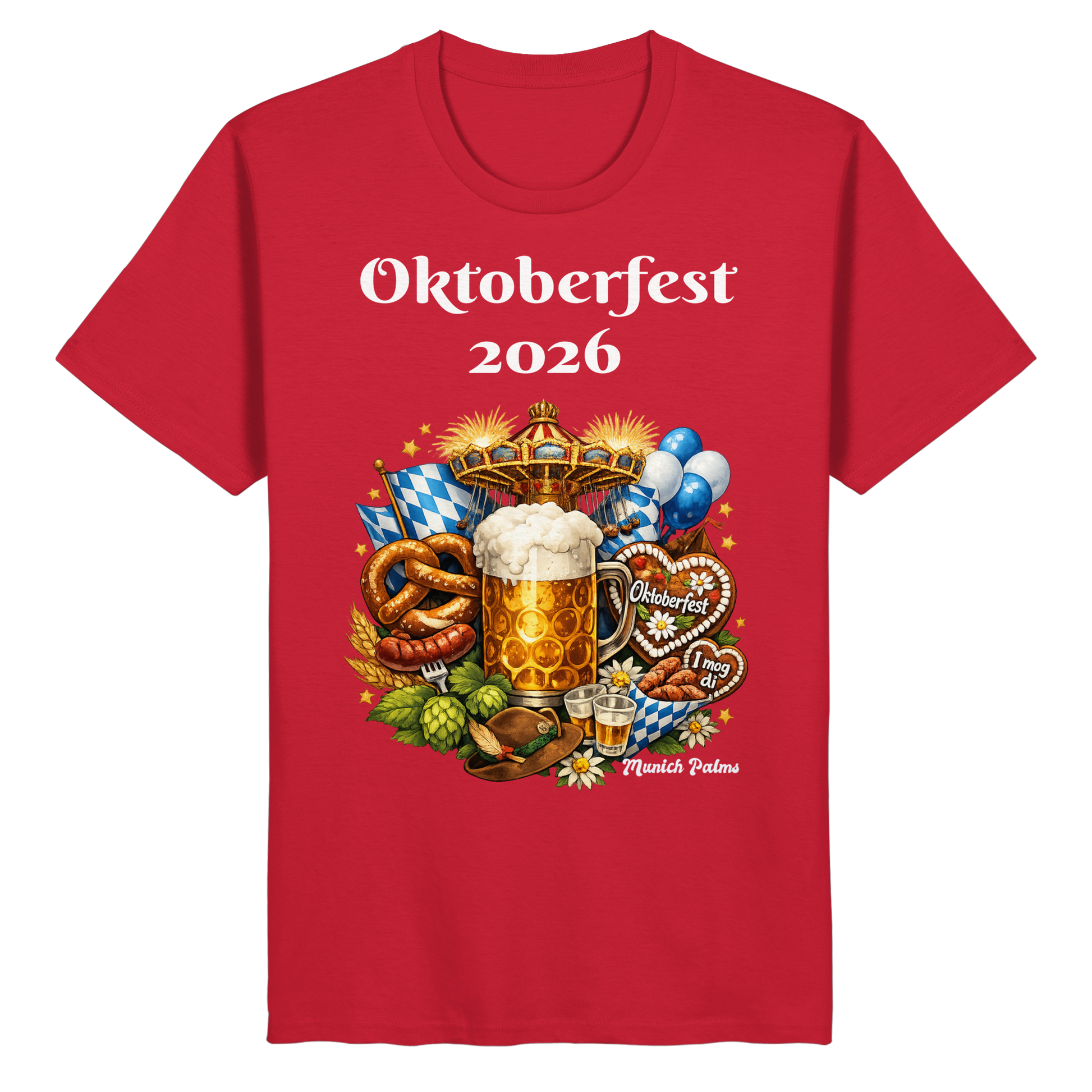 Unisex-Organic-Basic-Shirt mit Oktoberfest 2026 München Design in Rot, vorne sichtbar, von Online Kaufhaus München