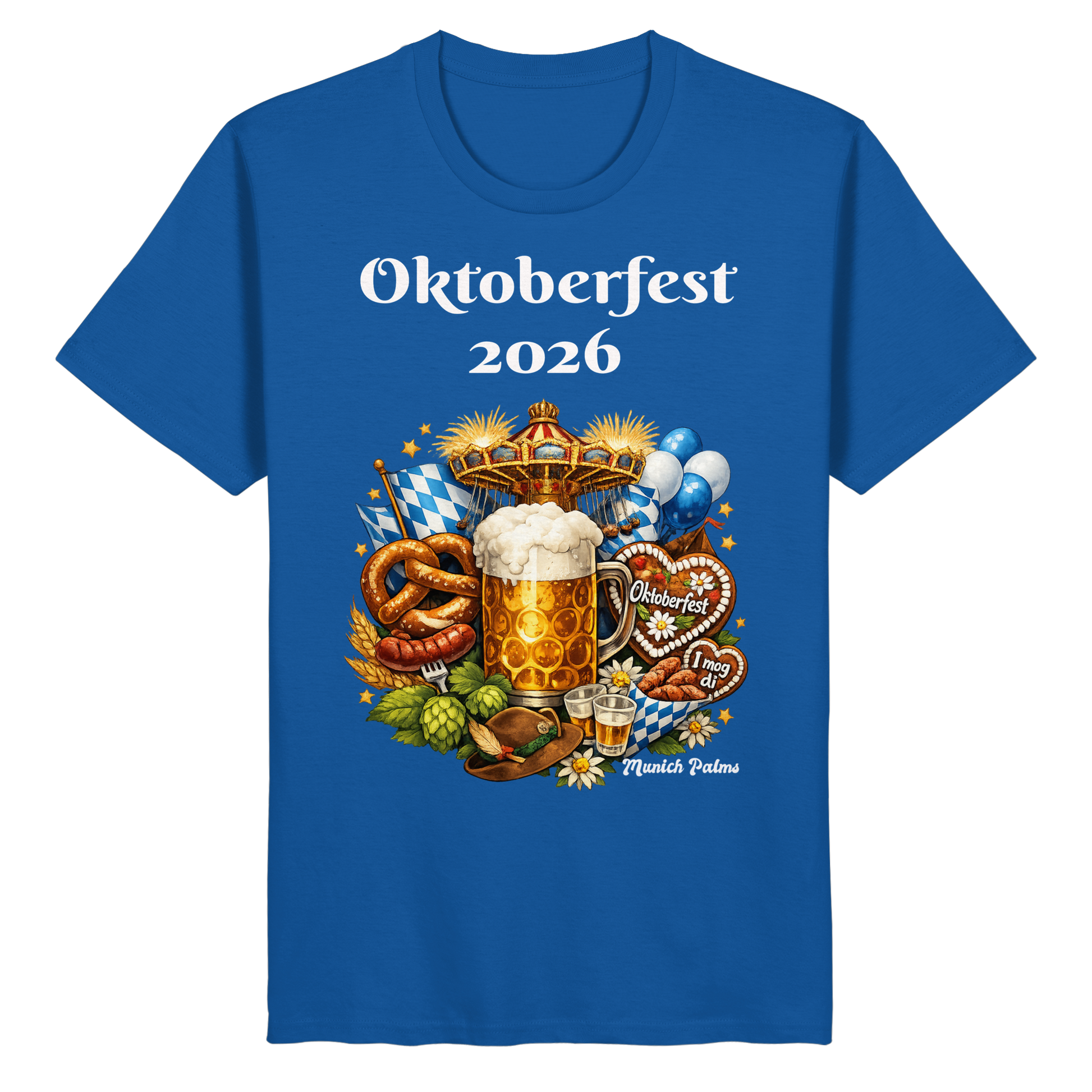 Unisex-Oktoberfest 2026 München Bio-Basic-Shirt in Royalblau, Vorderansicht, komfortables Design, Organic Basic Shirt von Online Kaufhaus München